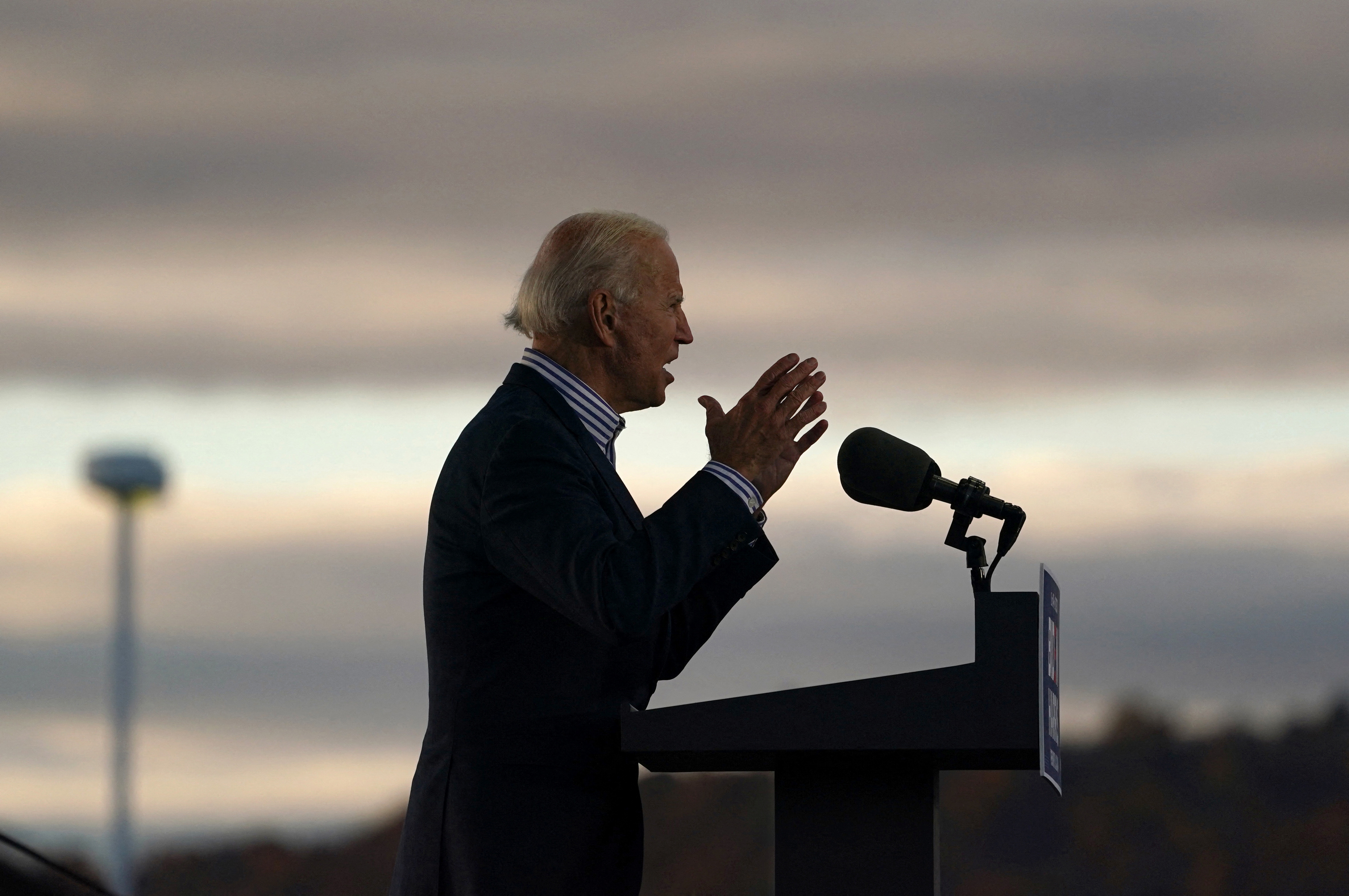 Democratic presidential candidate Joe Biden speaks during a drive-in campaign event at Dallas High School in Dallas, Pennsylvania on Oct. 24, 2020.