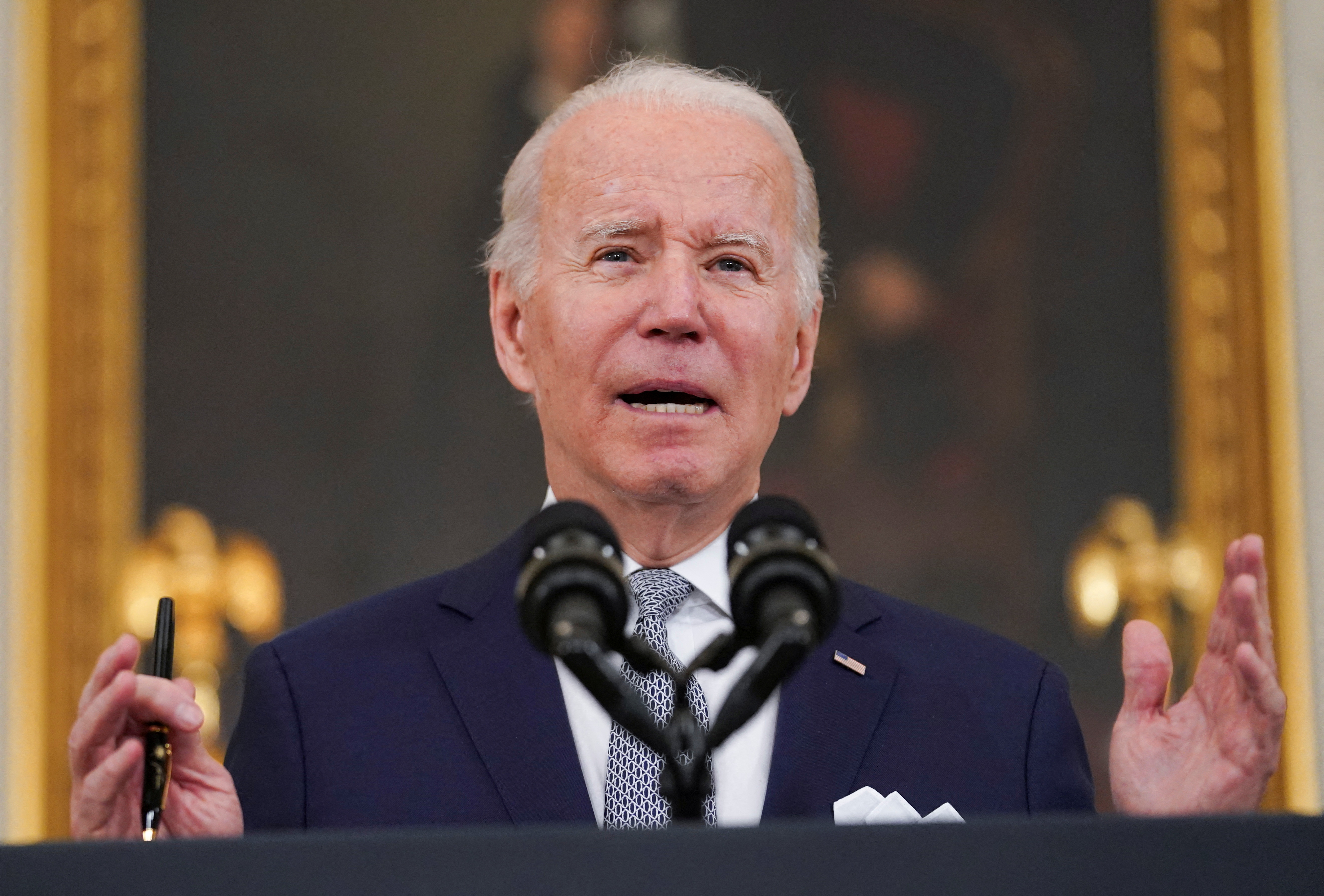 President Joe Biden delivers remarks in the State Dining Room at the White House in Washington, D.C., Jan. 7, 2022.