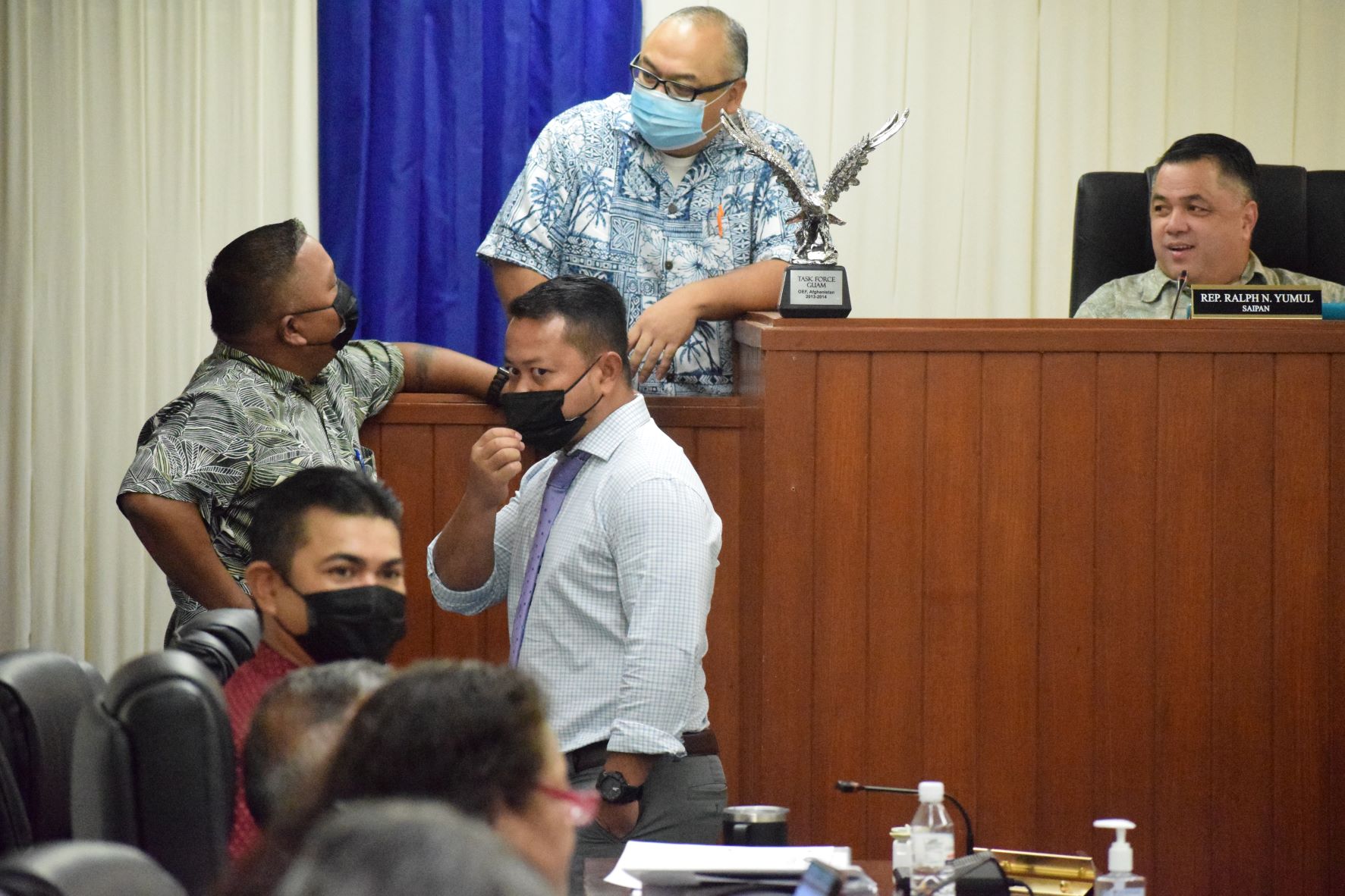 From left, House Minority Leader Angel Demapan, Rep. Roy Ada, seated, Rep. Joel Camacho, Vice Speaker Blas Jonathan Attao and House Floor Leader Ralph Yumul during a break from a House session on Wednesday.