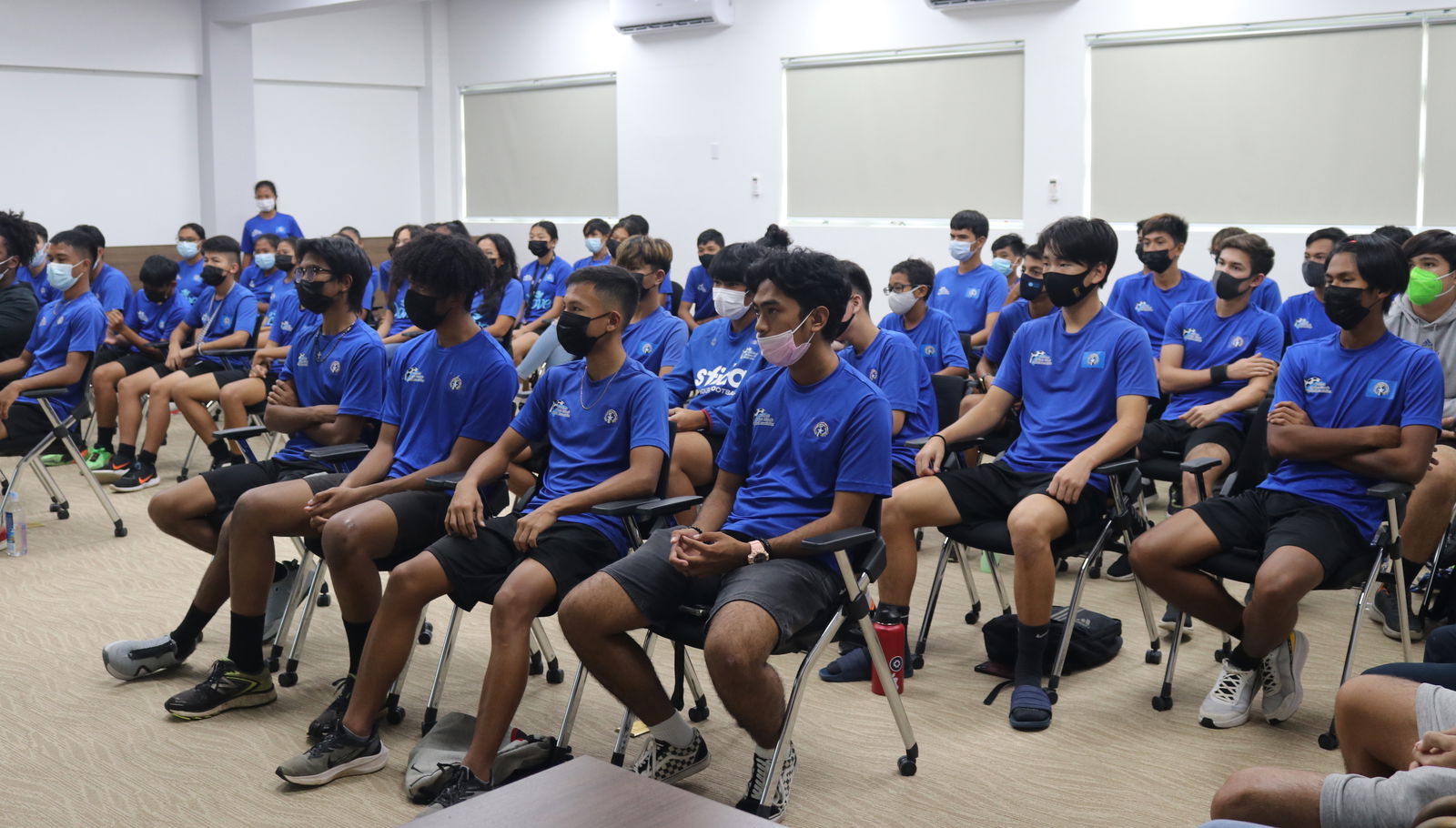 Players in the NMI National Team pools listen to the presentation of Boise State University Soccer Club’s Joshua Abragan during the Northern Mariana Islands Football Association-hosted forum, Let’s Talk: College and Soccer, held  Jan. 4 in the conference room of the Gilbert C. Ada Gymnasium.