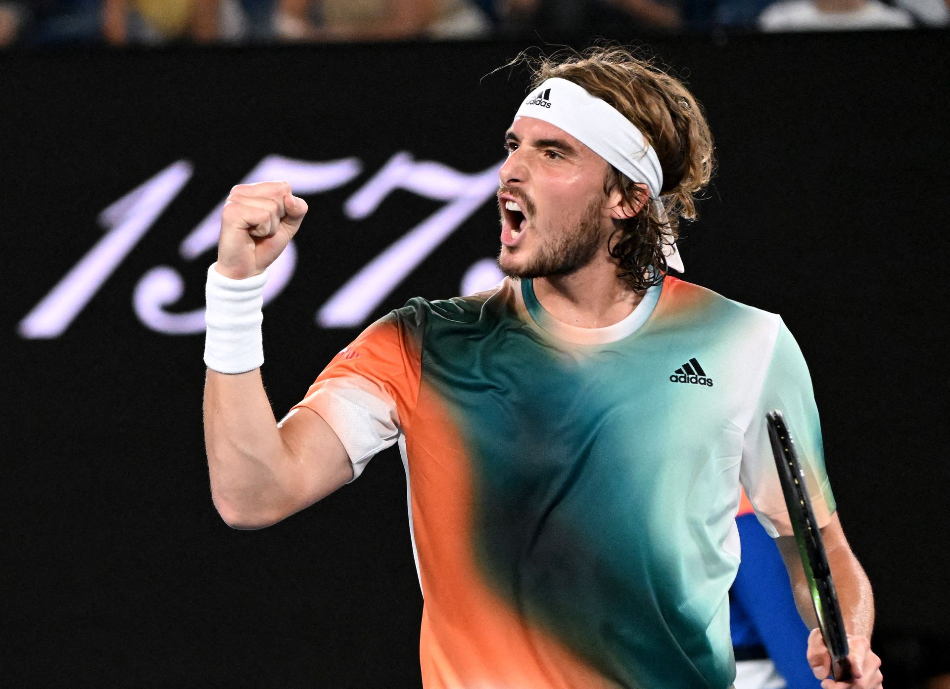 Greece's Stefanos Tsitsipas reacts during his quarter-final match against Italy's Jannik Sinner at the Australian Open on Jan. 26, 2022.