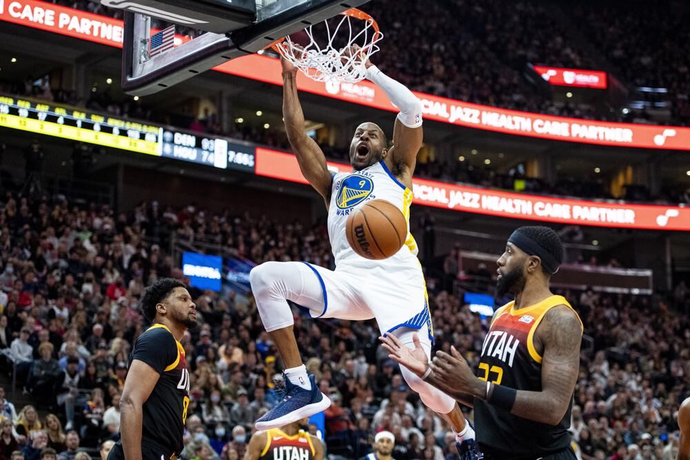 Golden State Warriors forward Andre Iguodala (9) dunks in the first half during an NBA basketball game against the Utah Jazz on Saturday, Jan. 1, 2022, in Salt Lake City.