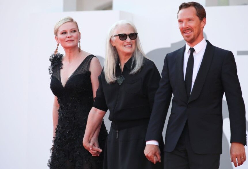 At the 78th Venice Film Festival screening of the film “The Power of the Dog” in Venice, Italy on Sept. 2, 2021: actor Kirsten Dunst, director Jane Campion and actor Benedict Cumberbatch.