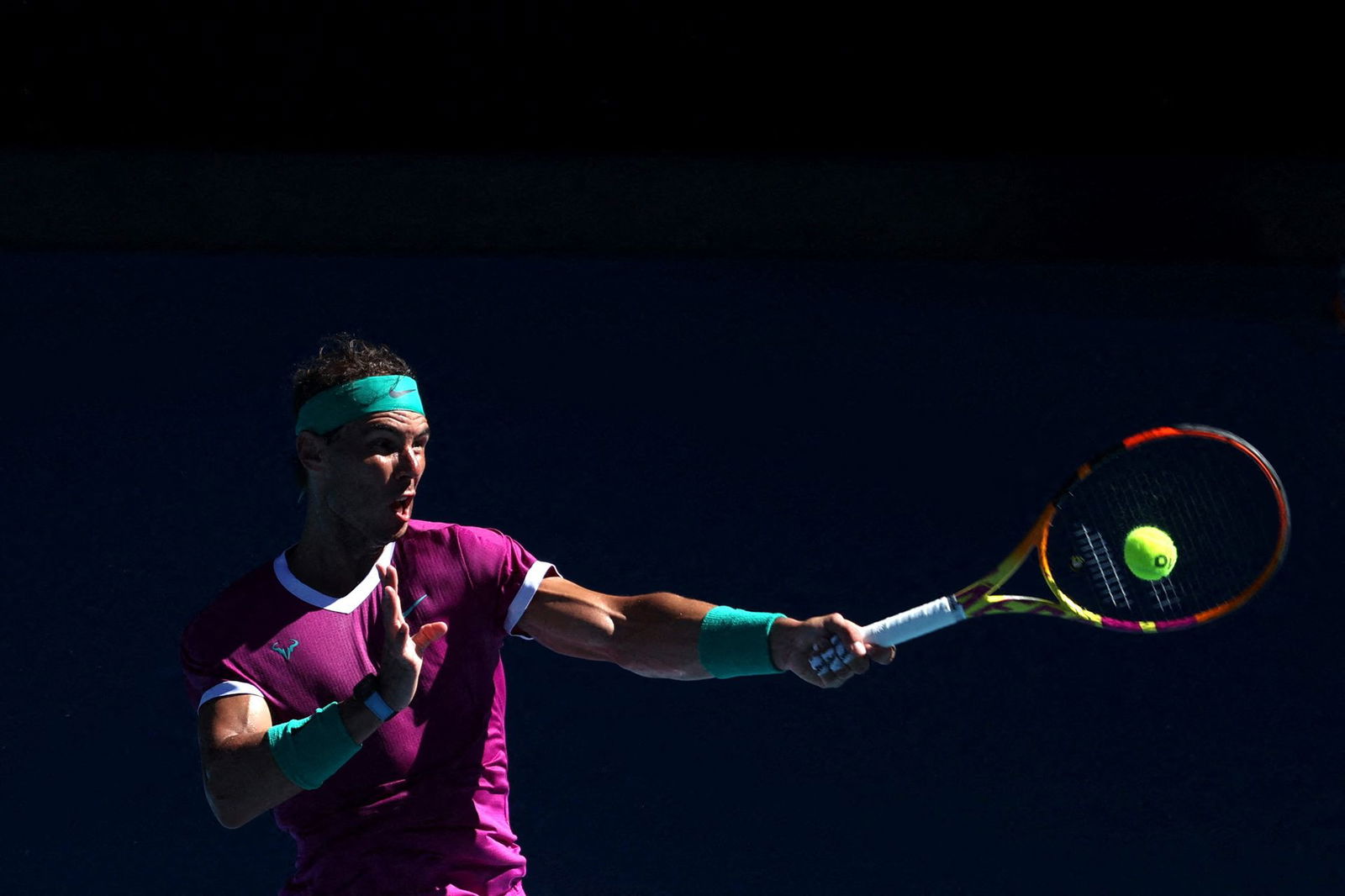 Spain's Rafael Nadal in action during his second round match against Germany's Yannick Hanfmann at Melbourne Park, Melbourne, Australia, Jan. 19, 2022.