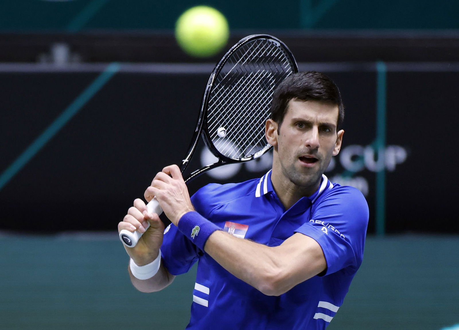 Serbia's Novak Djokovic in action during his match against Austria's Dennis Novak in the  Davis Cup Finals at the Olympiahalle, Innsbruck, Austria on Nov. 26, 2021