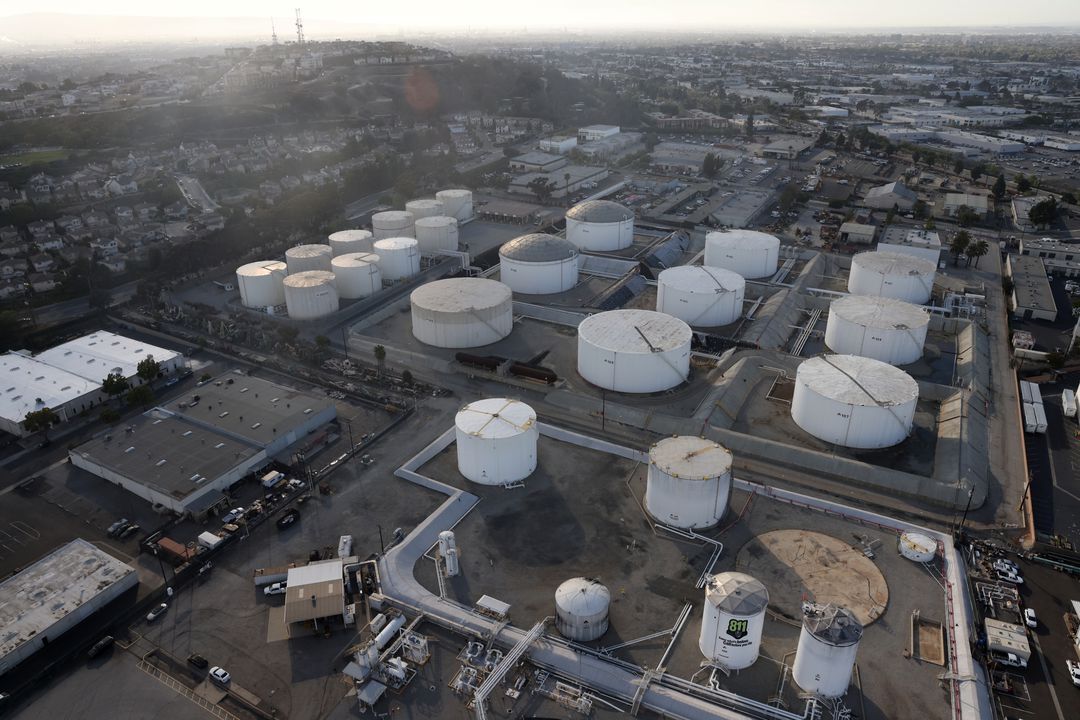 Oil storage containers are seen in Los Angeles, California, April 7, 2021.