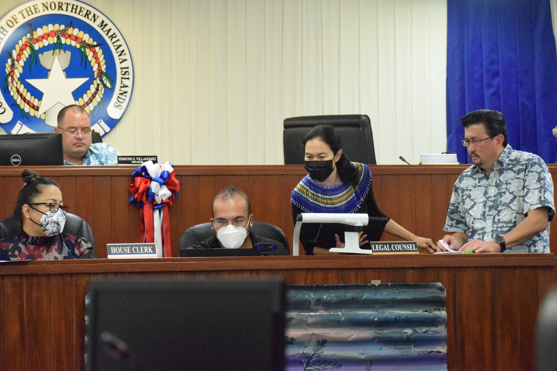 From left, House clerk Linda Muna, Speaker Edmund Villagomez, legislative assistant  Cameron Nicholas, Rep. Tina Sablan and Rep. Edwin Propst during a break from the House session on Wednesday.