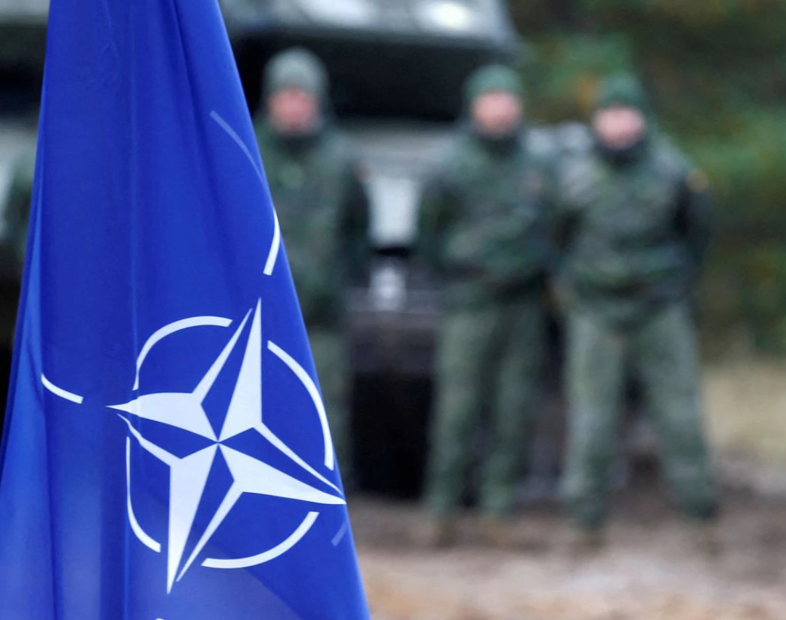 The NATO flag is seen during a military exercise in Adazi, Latvia on Oct. 5, 2019.