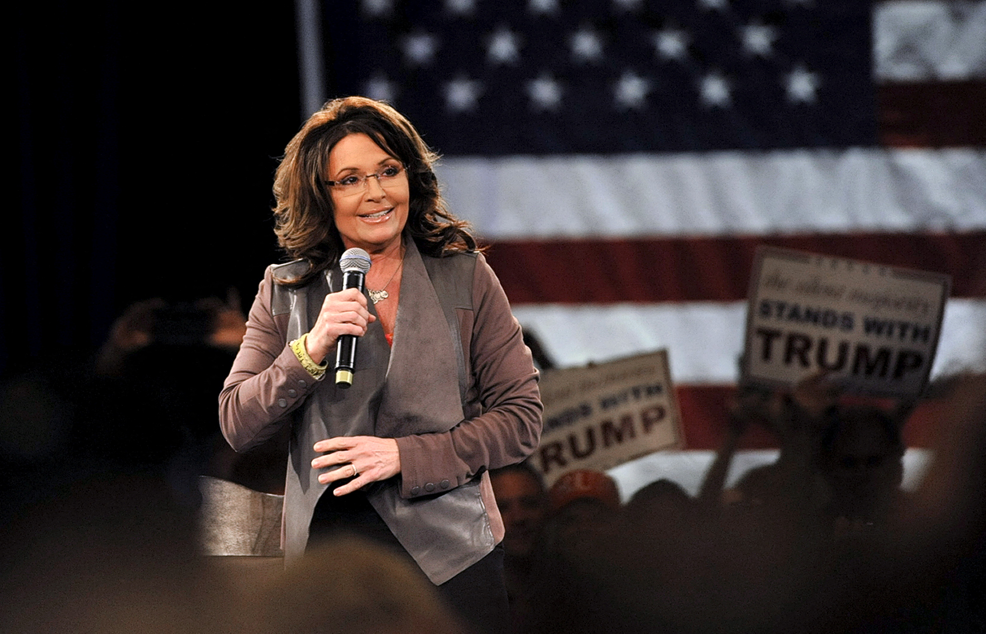 Former Alaska Gov. Sarah Palin fires up the crowd before  Republican presidential candidate Donald Trump arrive at a campaign rally at the Tampa Convention Center in Tampa, Florida on March 14, 2016.