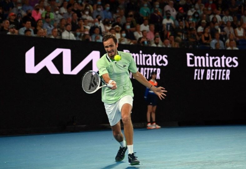 Russia's Daniil Medvedev in action during the final against Spain's Rafael Nadal at Melbourne Park, Melbourne, Australia on Jan. 31, 2022.