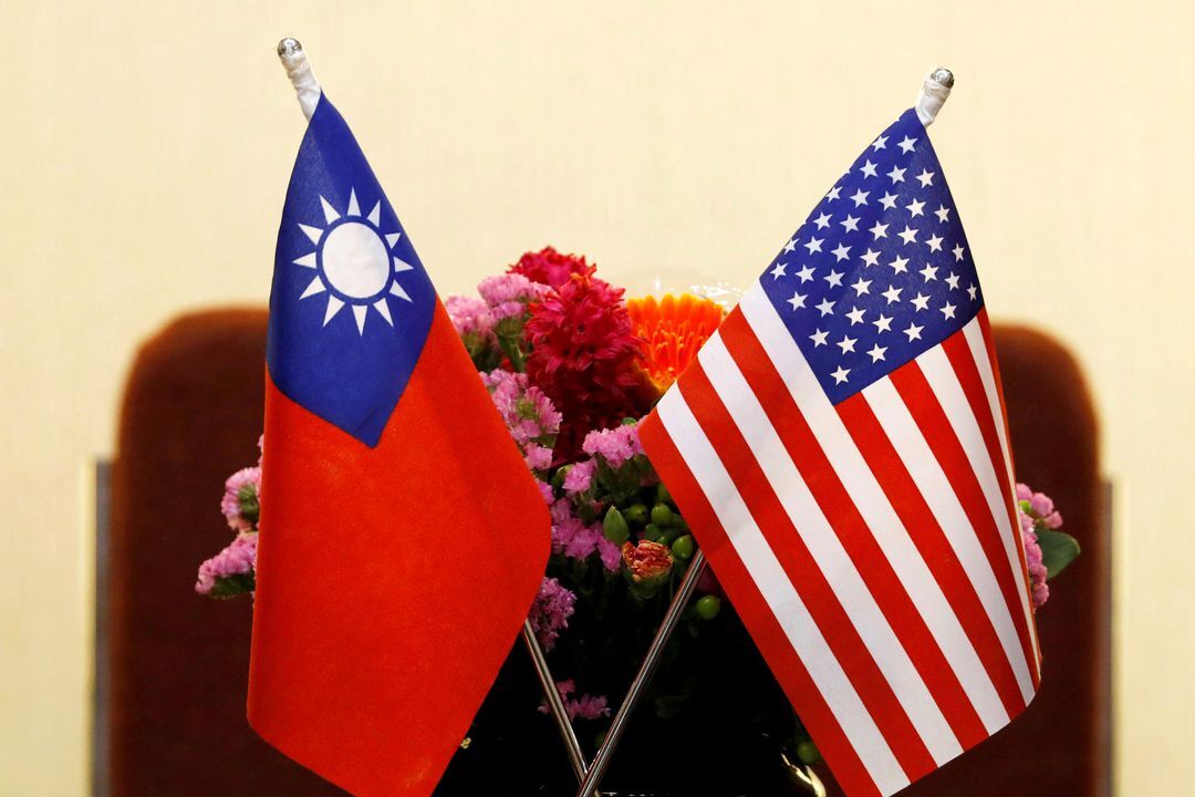 The flags of Taiwan and the U.S. are placed for a meeting in Taipei, Taiwan on March 27, 2018.