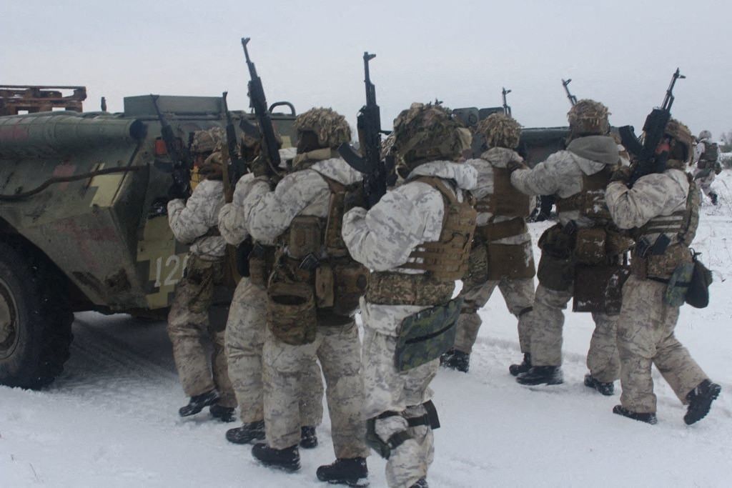 Ukrainian service members of the Air Assault Forces attend military drills in Lviv region, Ukraine, in this handout picture released Feb. 1, 2022.