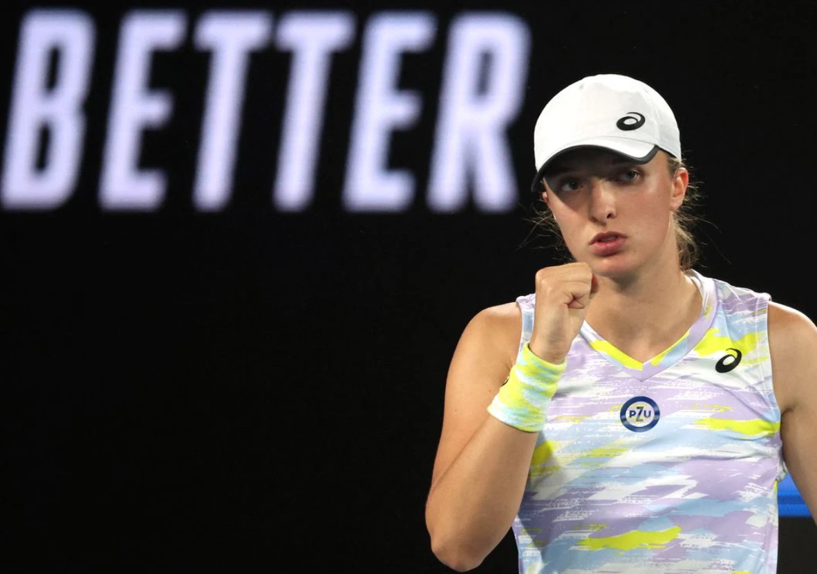 Poland's Iga Swiatek reacts during her semi-final match against Danielle Collins of the U.S.  in the Australian Open at Melbourne Park, Melbourne, Australia on Jan. 27, 2022