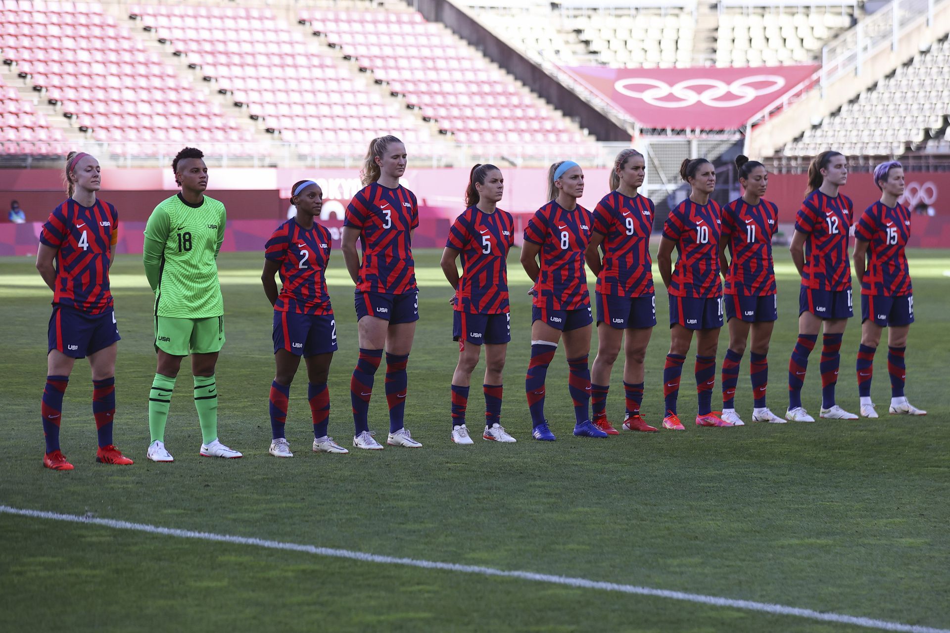 Team members of the United States line up on the pitch before the bronze medal match against Australia in the Tokyo Olympics at Ibaraki Kashima Stadium, Ibaraki, Japan on Aug. 5, 2021.