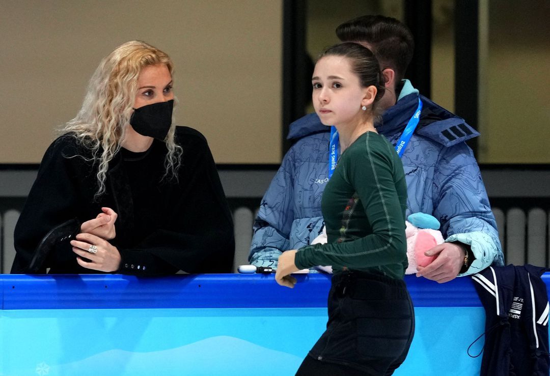 Kamila Valieva of the Russian Olympic Committee during training with the Russian Olympic Committee coach Eteri Tutberidze  at the Training Rink Capital Indoor Stadium, Beijing, China on Feb.  12, 2022.