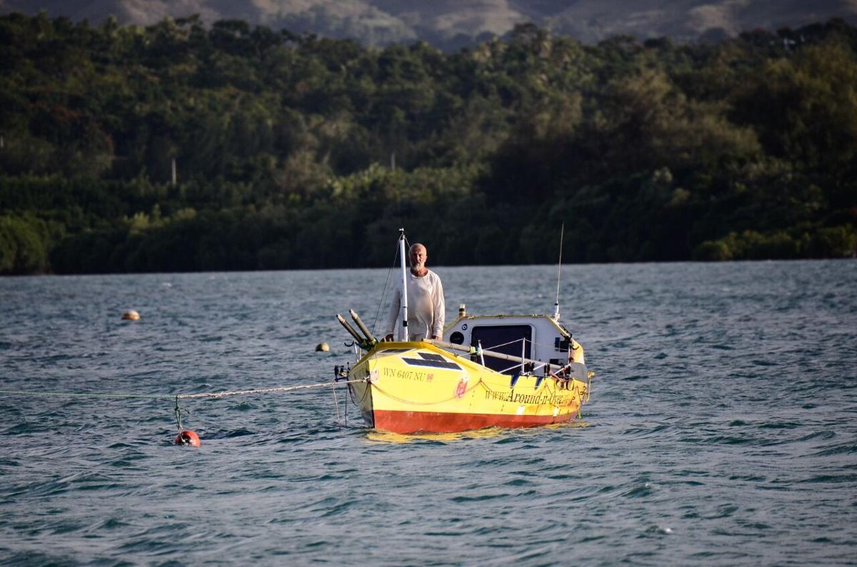 Erden Eruc stands on the Westbound Rower at Apra Harbor on Saturday. Eruc was making a pit stop on Guam after being thrown off course on his journey to Hong Kong. He began his ocean rowing journey across the Pacific on June 22, 2021 from Crescent City California as part of the Great Pacific Challenge.
