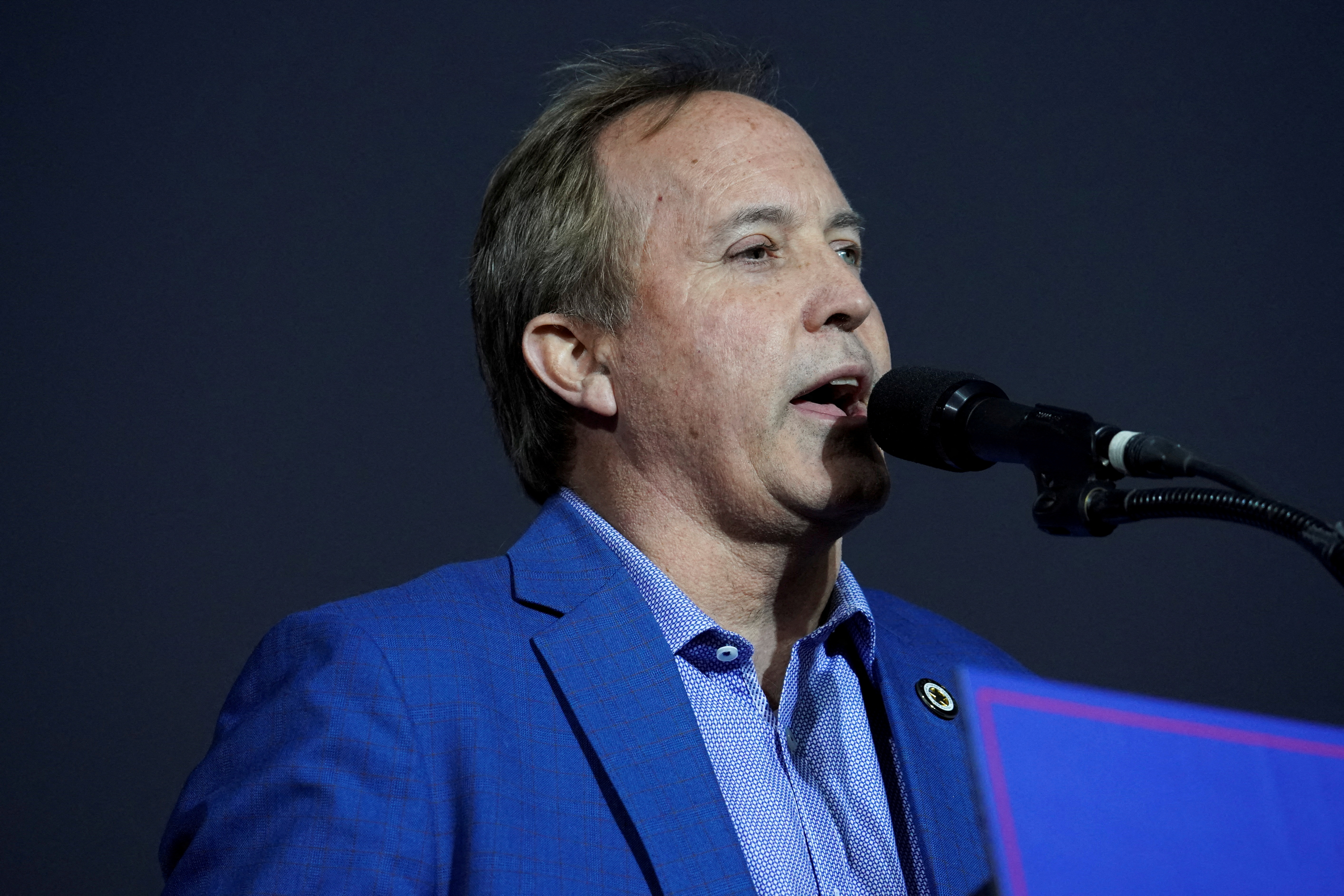 Attorney General of Texas Ken Paxton speaks during former  President Donald Trump's rally in Conroe, Texas, Jan. 29, 2022.