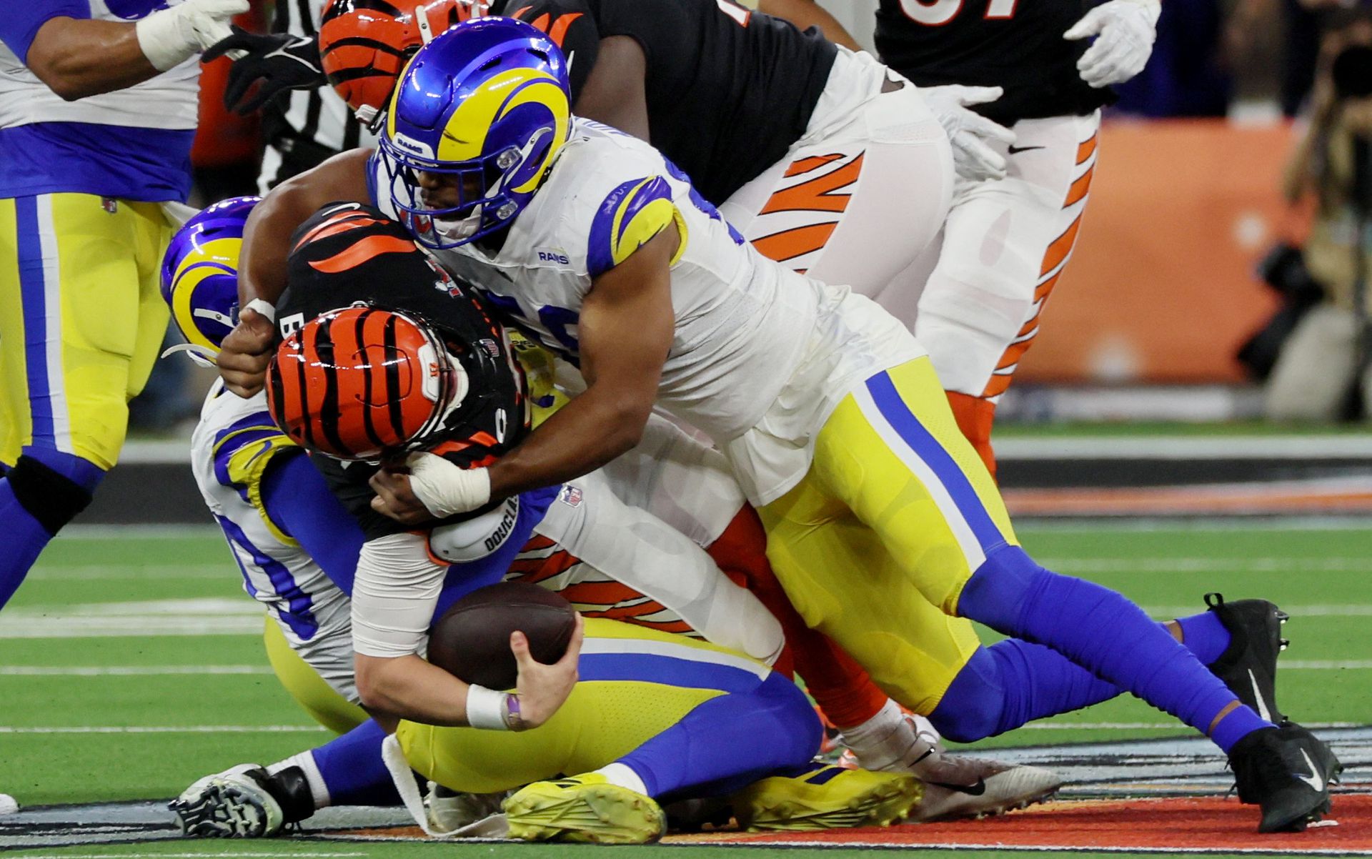 Cincinnati Bengals' Joe Burrow is sacked at SoFi Stadium, Inglewood, California on Feb. 13, 2022.