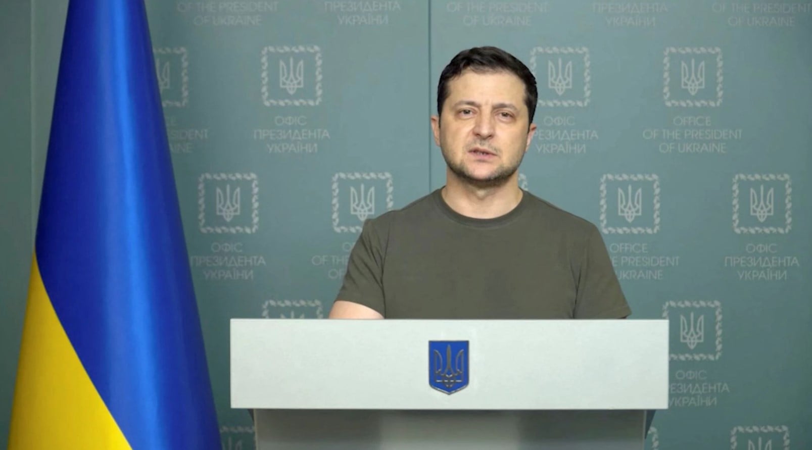 Ukrainian President Volodymyr Zelenskiy makes a statement in Kyiv, in Ukraine, Feb. 26, 2022, in this still image taken from a handout video.