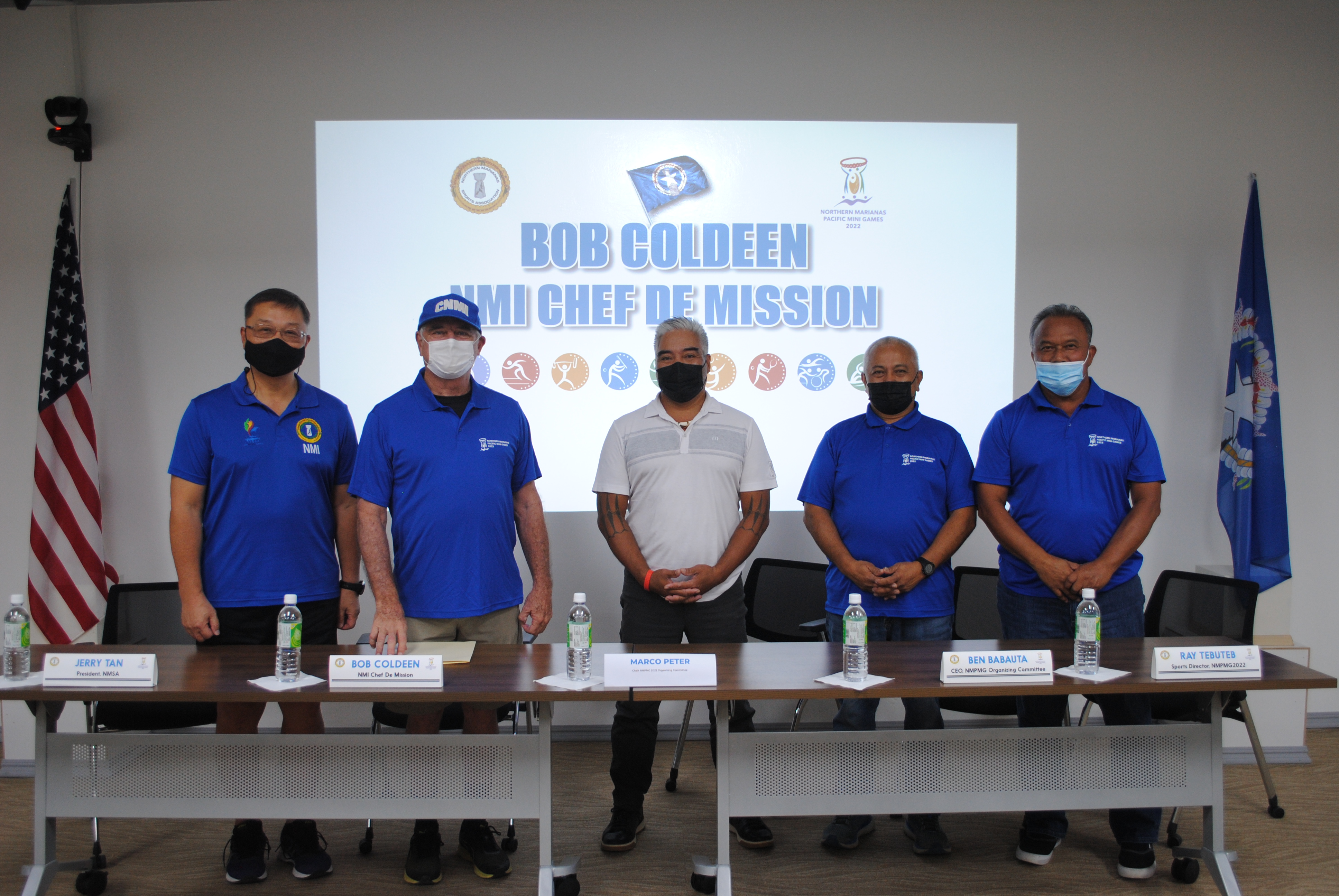 From left, Northern Marianas Sports Association President Jerry Tan, Chef de Mission Bob Coldeen, 2022 Northern Marianas Pacific Mini Games Chairman Marco Peter, CEO Ben Babauta and Sports Director Ray Tebuteb pose for a photo during a press conference in the NMSA conference room.