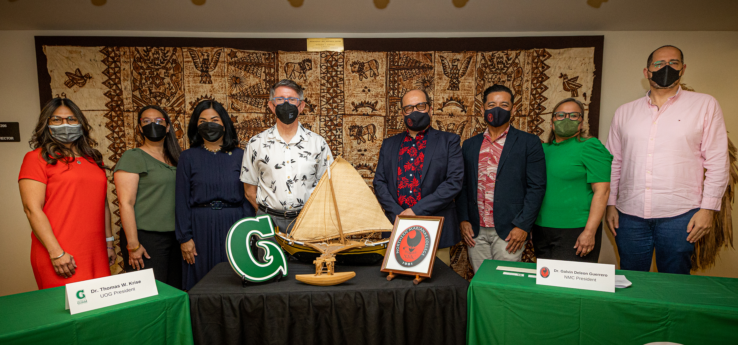 From left, Annette T. Santos, dean, School of Business and Public Administration, University of Guam; Monique Storie, dean of university libraries, UOG; Anita Borja Enriquez, senior vice president and provost, UOG; Thomas W. Krise, president, UOG; Galvin Deleon Guerrero, president, Northern Marianas College; Frankie Eliptico, vice president of administration and advancement, NMC; Sharleen Santos-Bamba, interim vice provost for academic excellence, graduate studies, and online learning, UOG; and Carlos Madrid, director of research for the Micronesian Area Research Center, UOG.