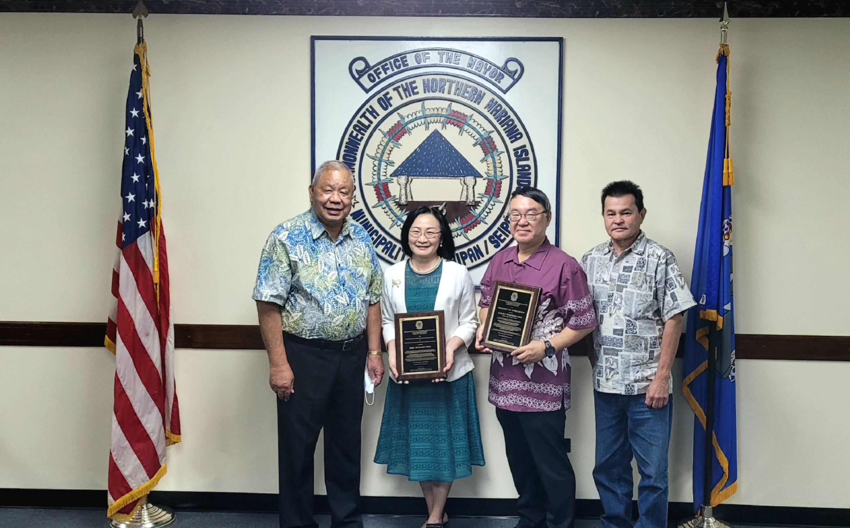 From left, Saipan Mayor David M. Apatang, Masako Ono, her husband Japanese Consul Kazuhiko Ono, and Special Assistant to the Mayor Henry Hofschneider pose for a photo in the mayor’s conference room on Tuesday. (Story on page 3)