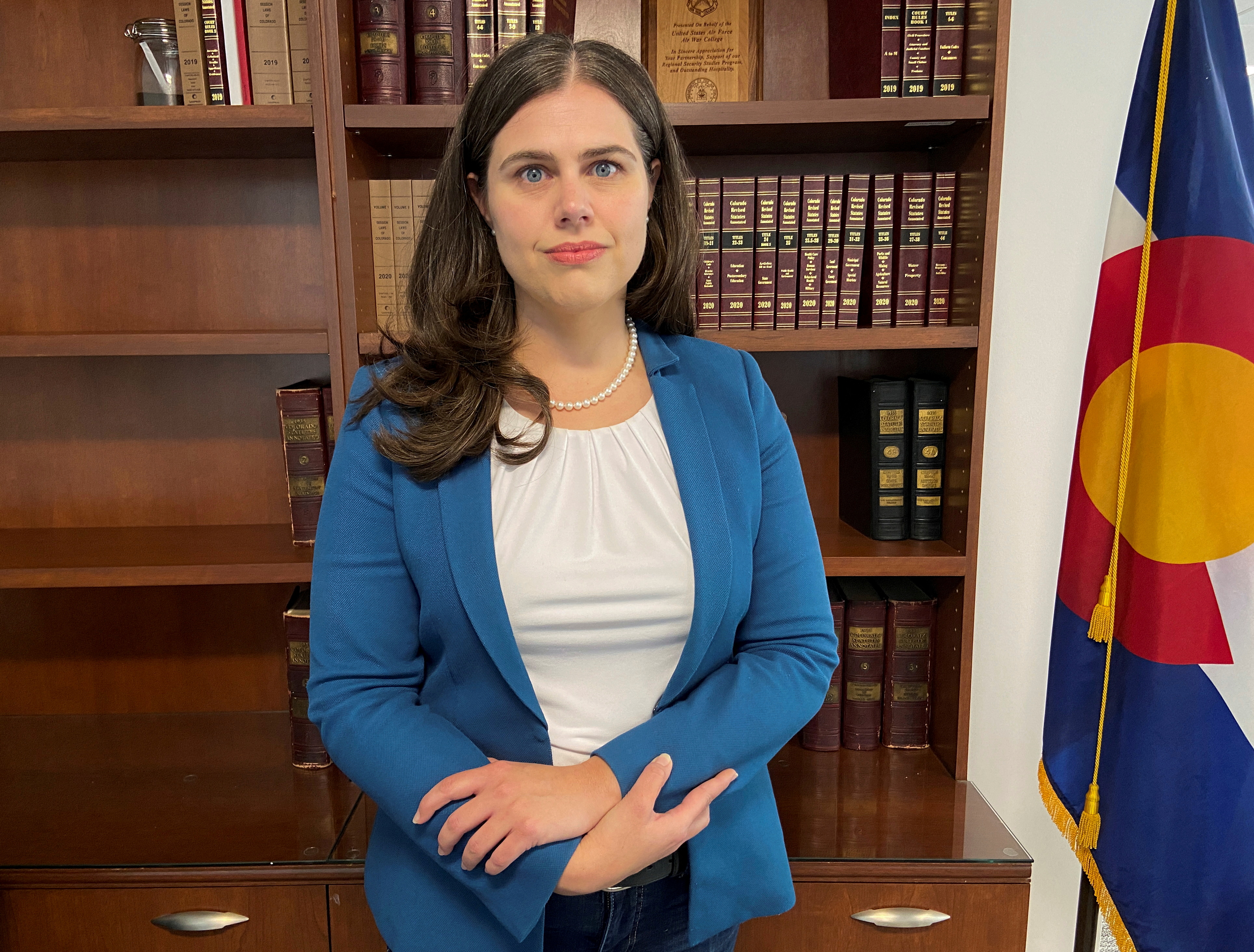 Colorado Secretary of State Jena Griswold poses for a portrait in Denver, Colorado, Aug. 18, 2021.