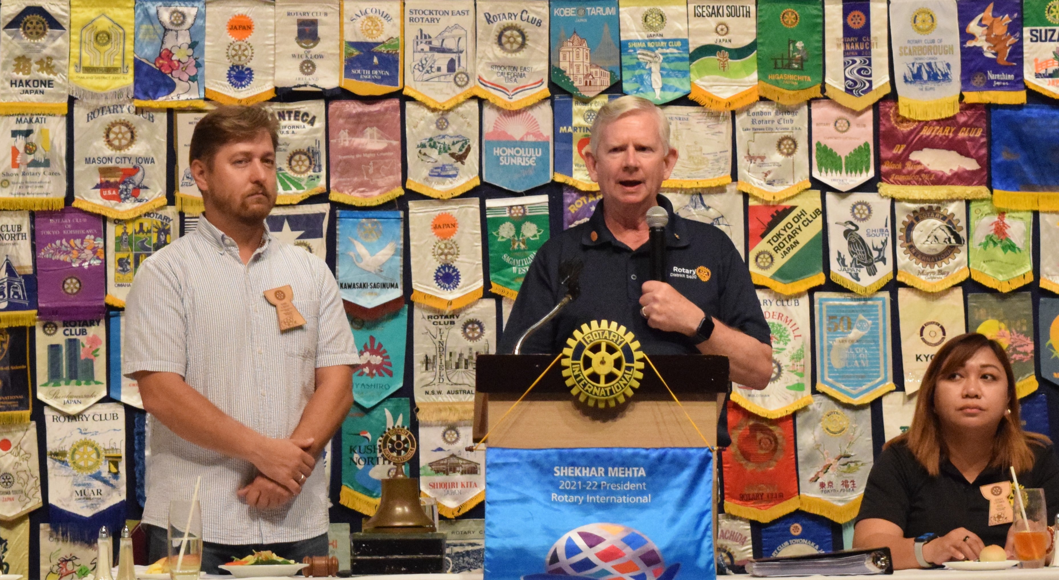 Visiting Idaho Rotarian Rich Kirkham, center, speaks as Saipan Rotary Club President Ivan Ilmov, left, and secretary Jessy Loomis, right, look on during the club's regular meeting in the Hyatt Regency Saipan Ballroom on Tuesday.