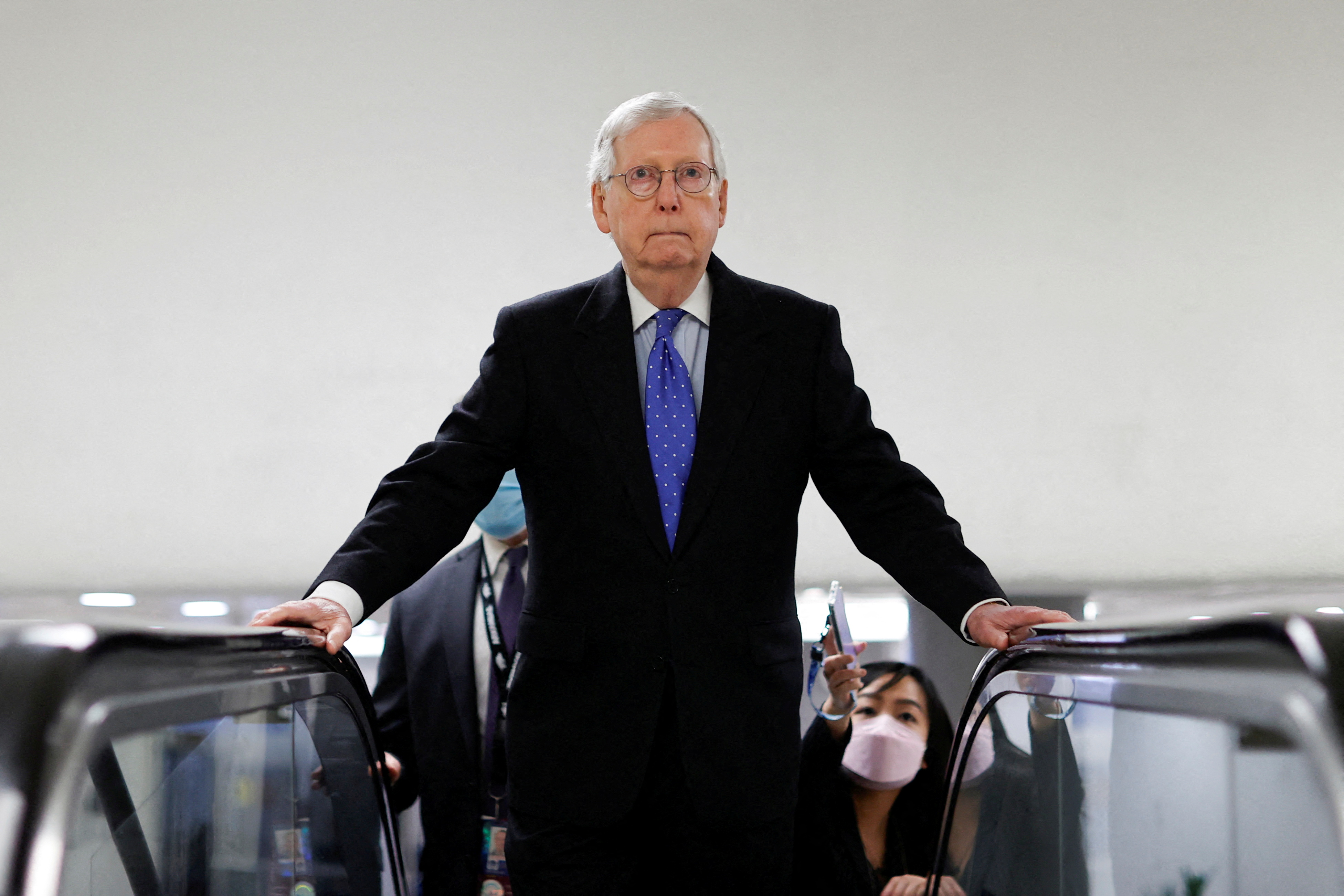 U.S. Senate Minority Leader Mitch McConnell, R-Ky., arrives at the U.S. Capitol after a Senate Republican caucus luncheon in Washington, D.C. Jan. 12, 2022.