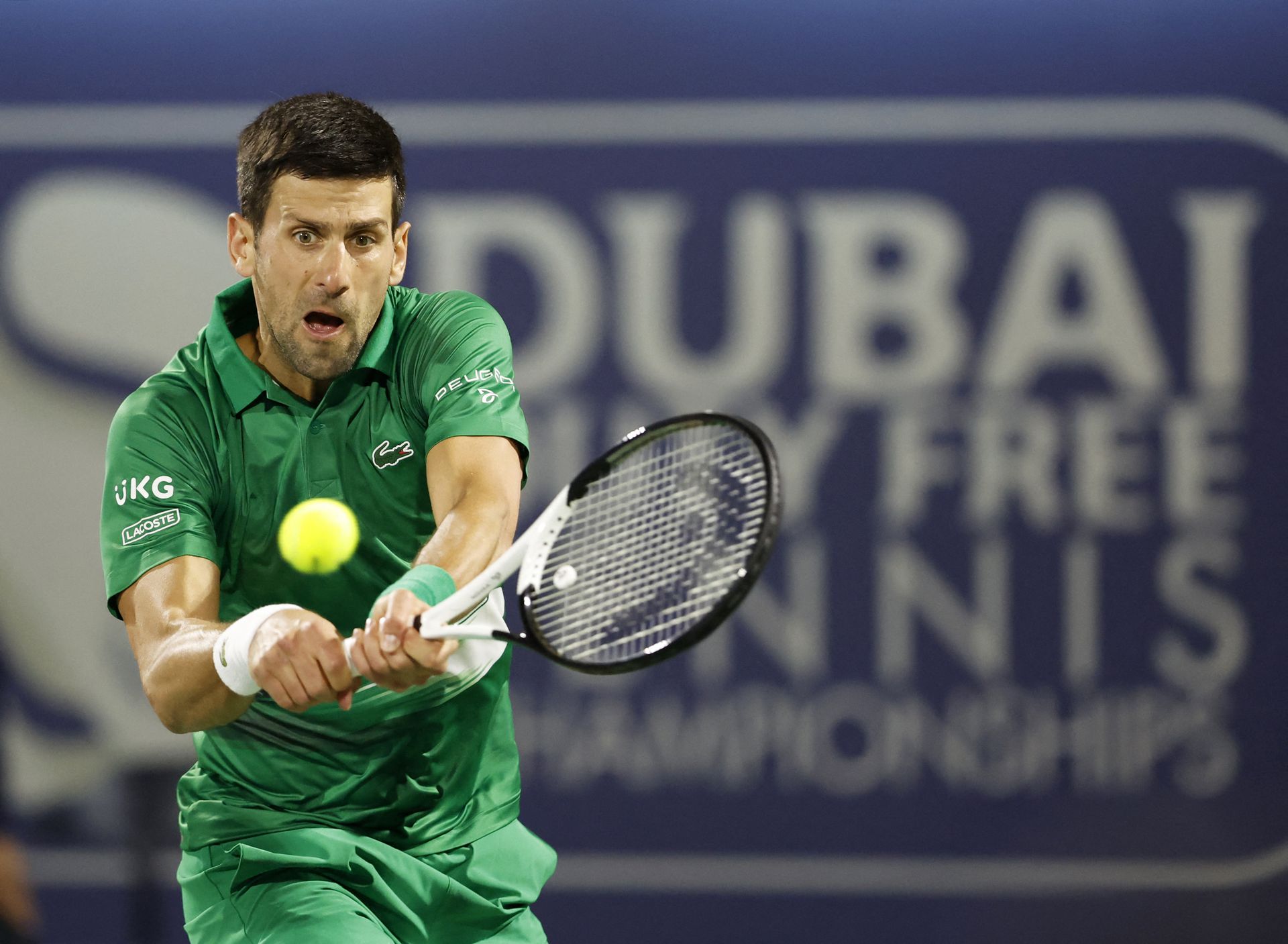 Serbia's Novak Djokovic in action during his first round match against Italy's Lorenzo Musetti in the Dubai Tennis Championships at the Aviation Club Tennis Centre, Dubai, United Arab Emirates on Feb. 21, 2022