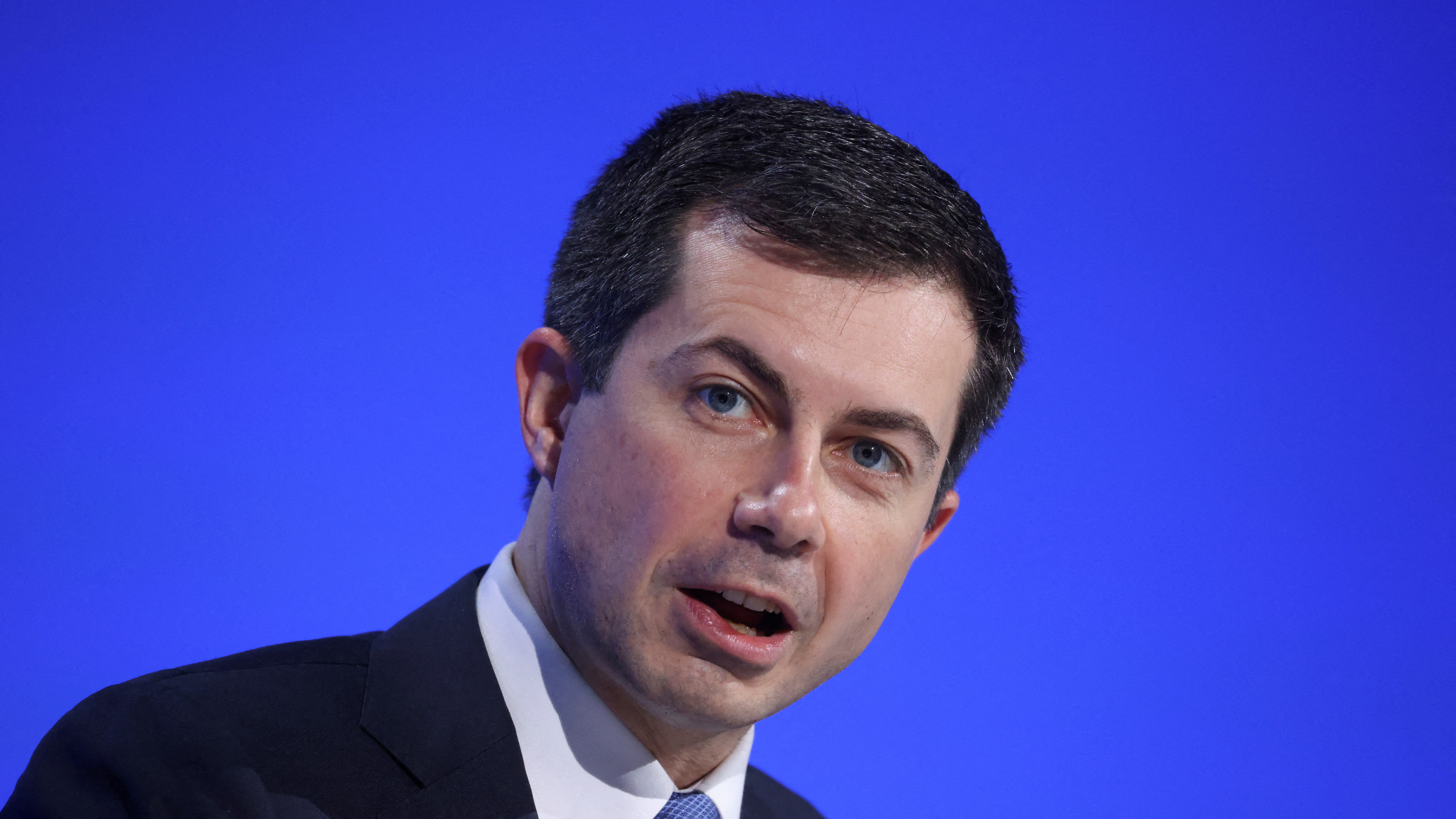 U.S. Secretary of Transportation Pete Buttigieg speaks during the UN Climate Change Conference in Glasgow, Scotland, Britain, Nov. 10, 2021.