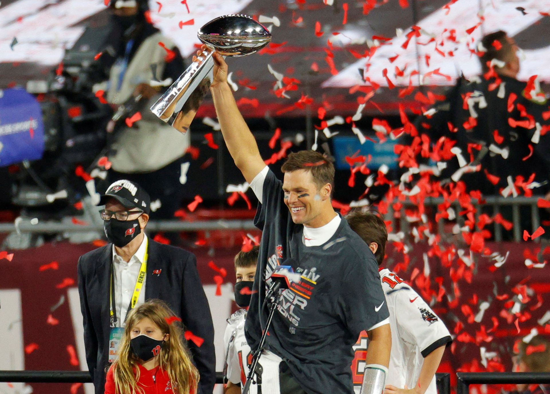 Tampa Bay Buccaneers' Tom Brady celebrates with the Vince Lombardi trophy after winning  Super Bowl LV against the Kansas City Chiefs at Raymond James Stadium, Tampa, Florida on Feb. 7, 2021.