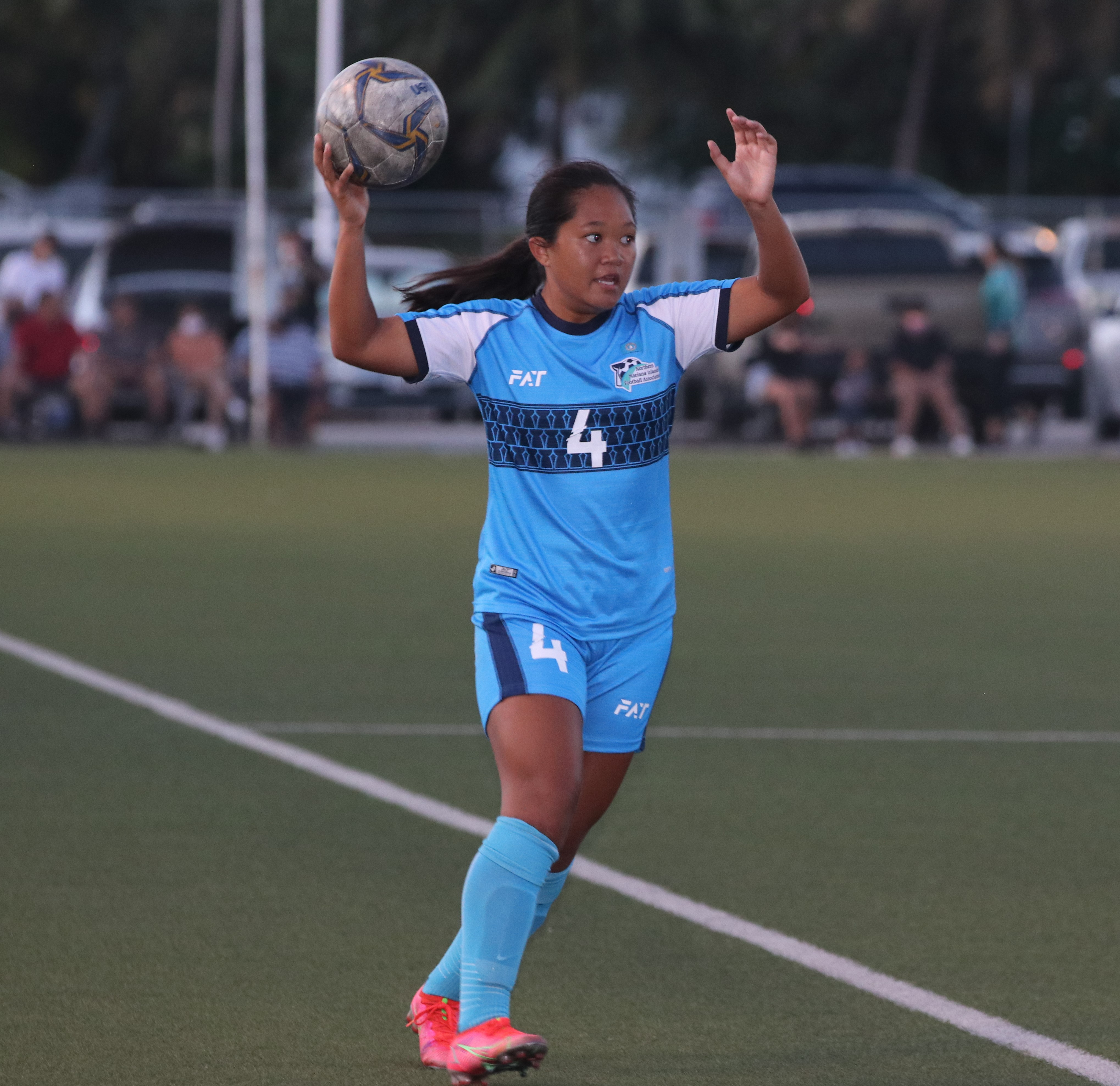 CNMI Women's U18 National Team member Pia Ngewakl preps for an inbound play during a friendly game against Guam U18 Saturday at the Guam Football Association National Training Center in Dededo.