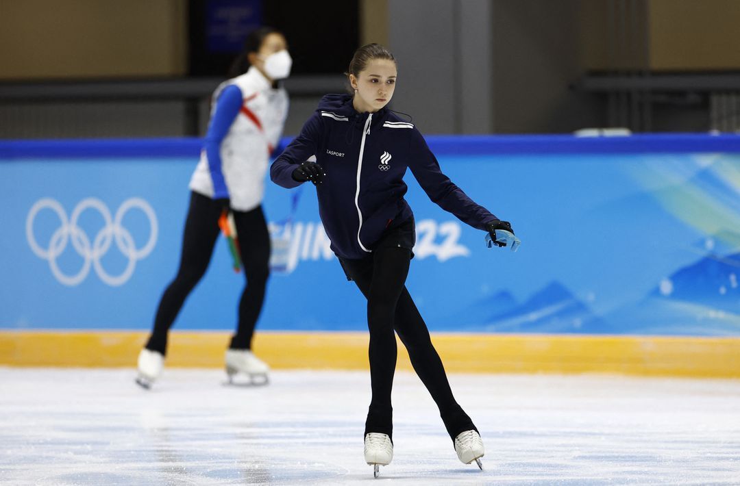 Kamila Valieva of the Russian Olympic Committee in action during training at the Rink Capital Indoor Stadium, Beijing, China on Feb. 14, 2022.