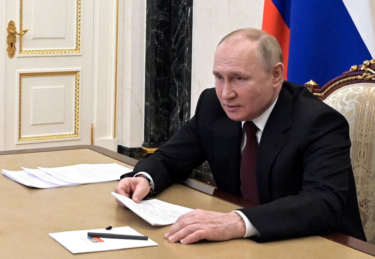 Russian President Vladimir Putin chairs a meeting in Moscow, Russia Feb. 21, 2022.