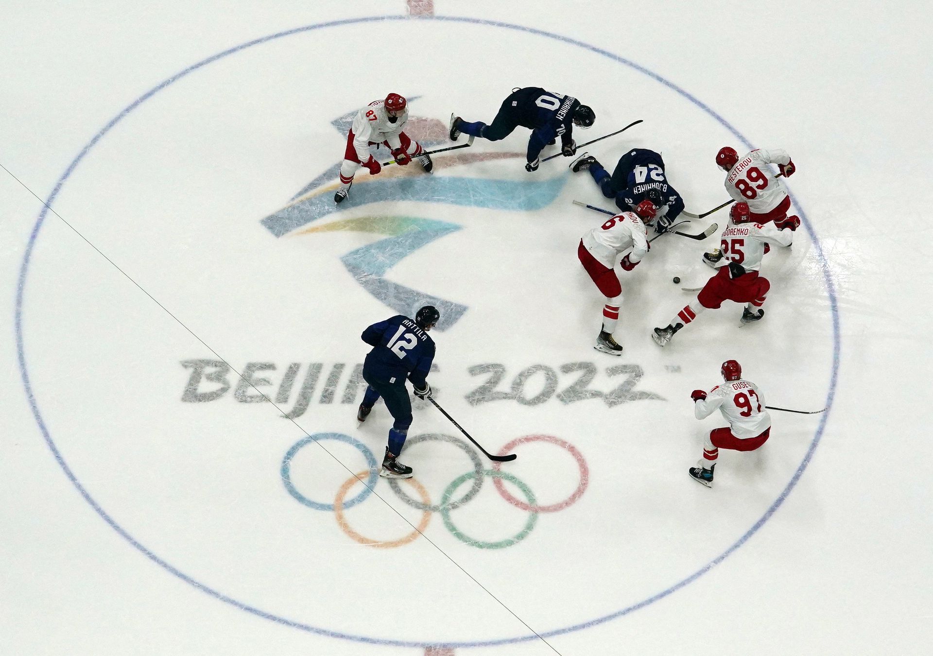 A general view of the players in action during the gold medal game between Russia and Finland at the National Indoor Stadium, Beijing, China on Feb. 20, 2022.
