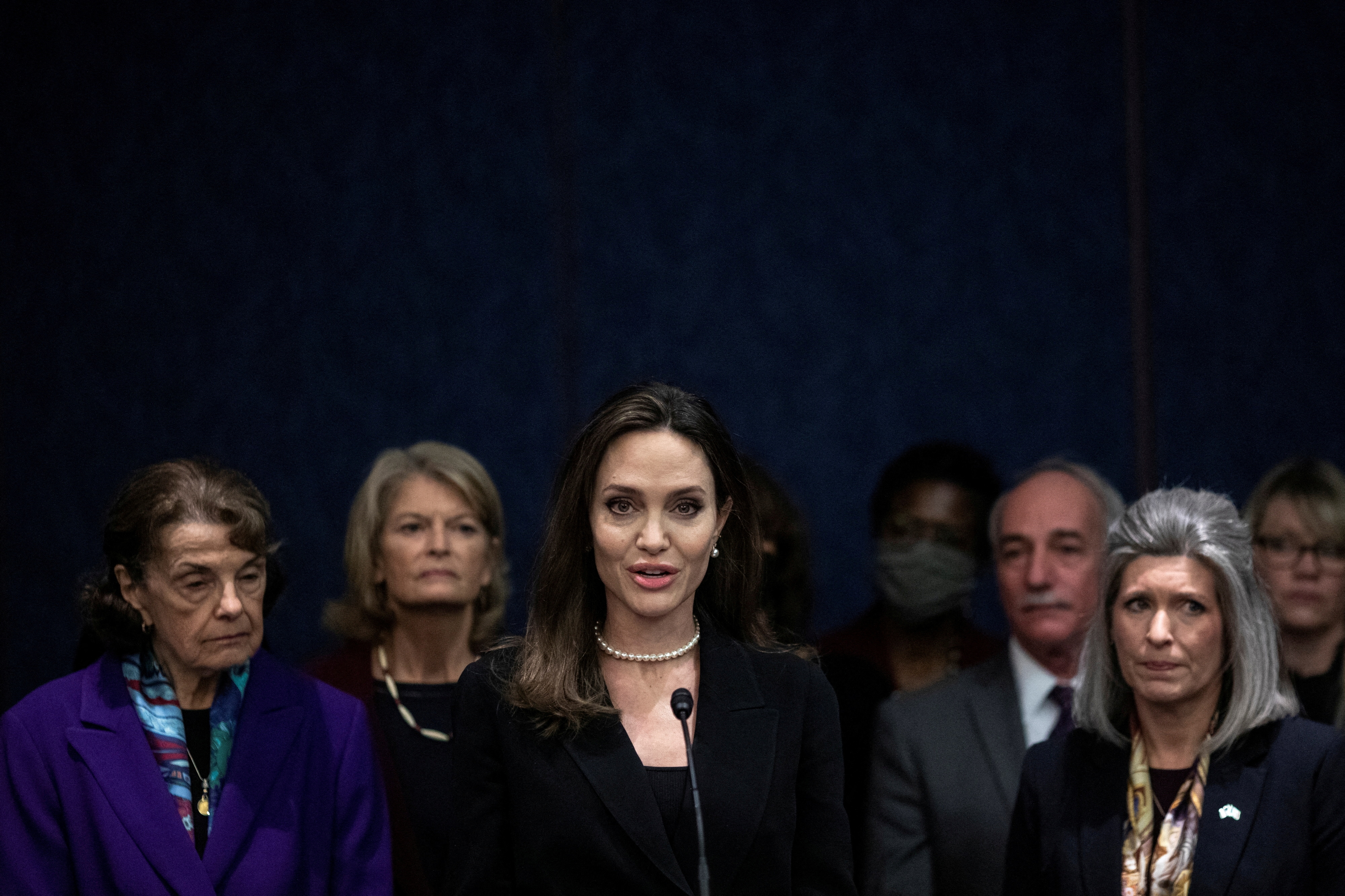Actor Angelina Jolie speaks beside members of Congress on the Violence Against Women Act, on Capitol Hill in Washington, D.C., Feb. 9, 2022.