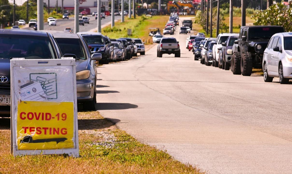 More than 100 motorists line up for Covid-19 testing at the Tiyan testing site in Barrigada in this Jan. 10, 2022 photo.