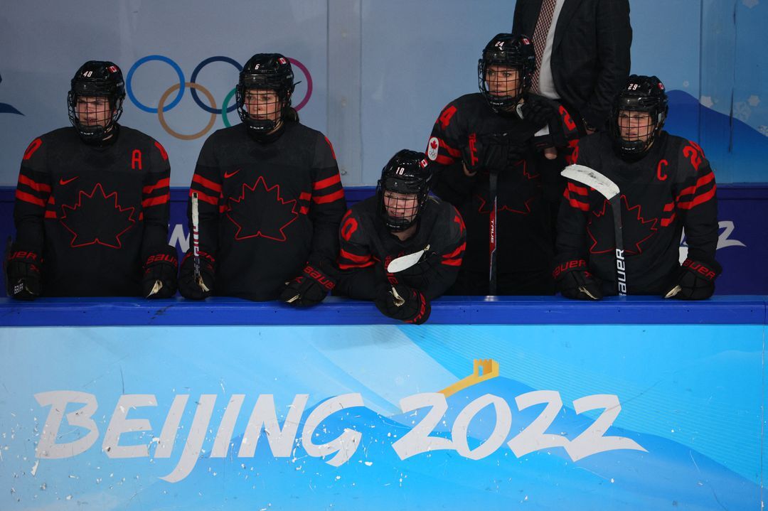 Canadian players are seen during the quarter-final match between Canada and Sweden at the Wukesong Sports Center, Beijing, China  on Feb. 11, 2022. 