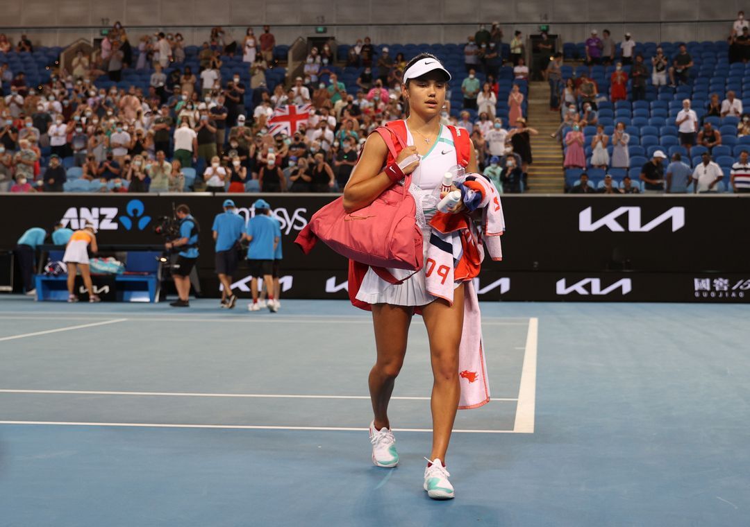 Britain's Emma Raducanu looks dejected after losing her second round match against Montenegro's Danka Kovinic  in the Australian Open at Melbourne Park, Melbourne, Australia on Jan. 20, 2022