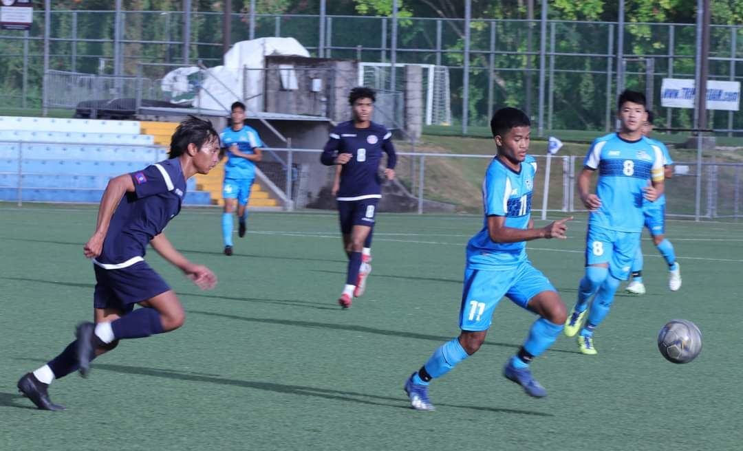 NMI men’s U20 team member Brandon Tenorio pushes forward with the possession during a friendly match Saturday at the Guam Football Association National Training Center in Dededo.