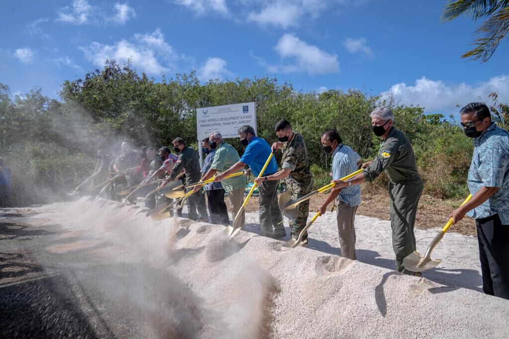 Senate President Jude U. Hofschneider, Adm. John C. Aquilino of the U.S Indo-Pacific Command, Sen. Frank Cruz, Senior Enlisted Leader James Honea, Maj. Gen. Mark A. Hashimoto, Gov. Ralph DLG Torres, Rear Adm. Benjamin Nicholson, Brig. Gen. Jeremy Sloane, Capt. Timothy Liberatore and Capt. Kimberly Hofschneider participate in a groundbreaking ceremony for the divert airfield project on Tinian Tuesday.