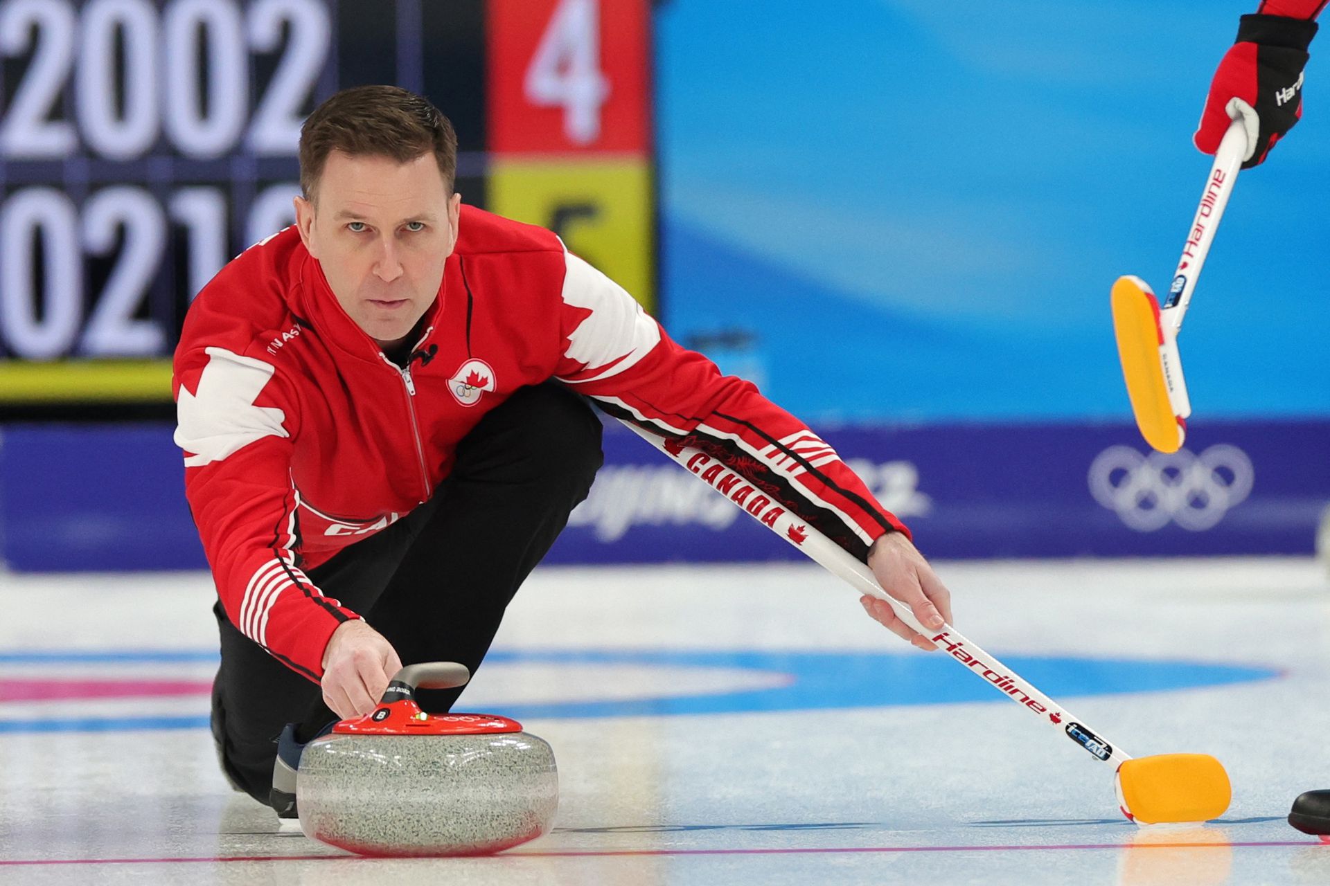 Brad Gushue of Canada in action at the National Aquatics Center, Beijing, China on Feb. 12, 2022.