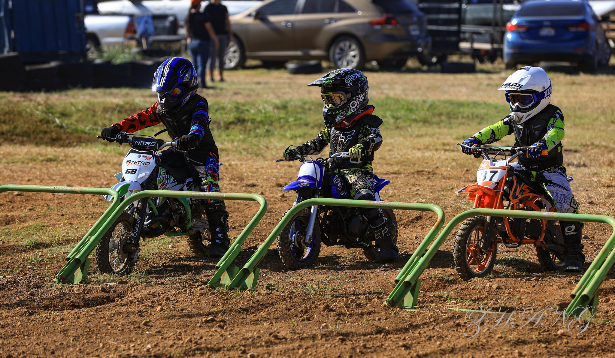 Peewee I riders get ready at the starting gate of the 2022 MRA Points Race Series on Jan. 30 at  Cow Town Raceway Park.