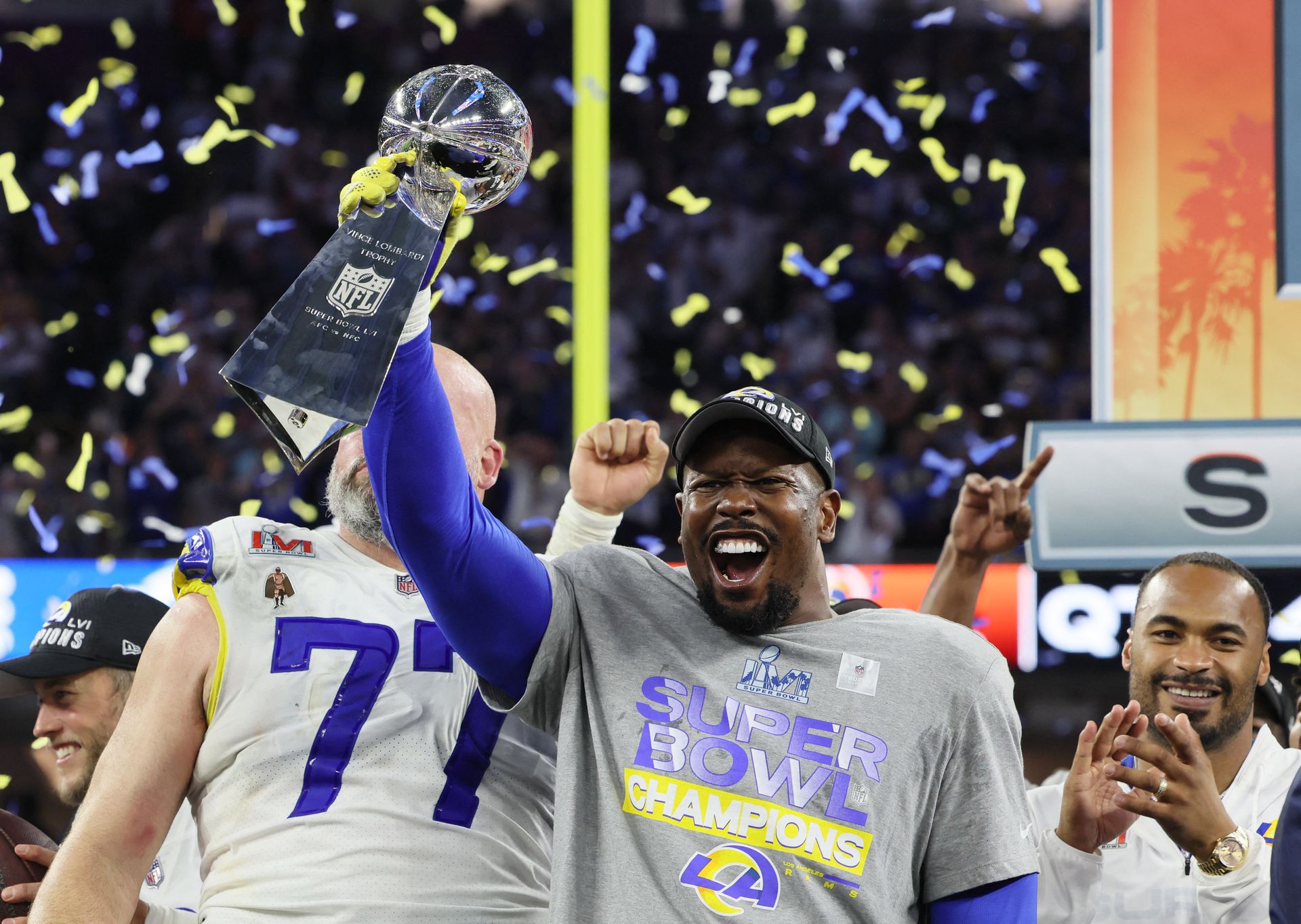 Los Angeles Rams' Von Miller celebrates with the Vince Lombardi Trophy after winning Super Bowl LVI at SoFi Stadium, Inglewood, California on Feb. 13, 2022.