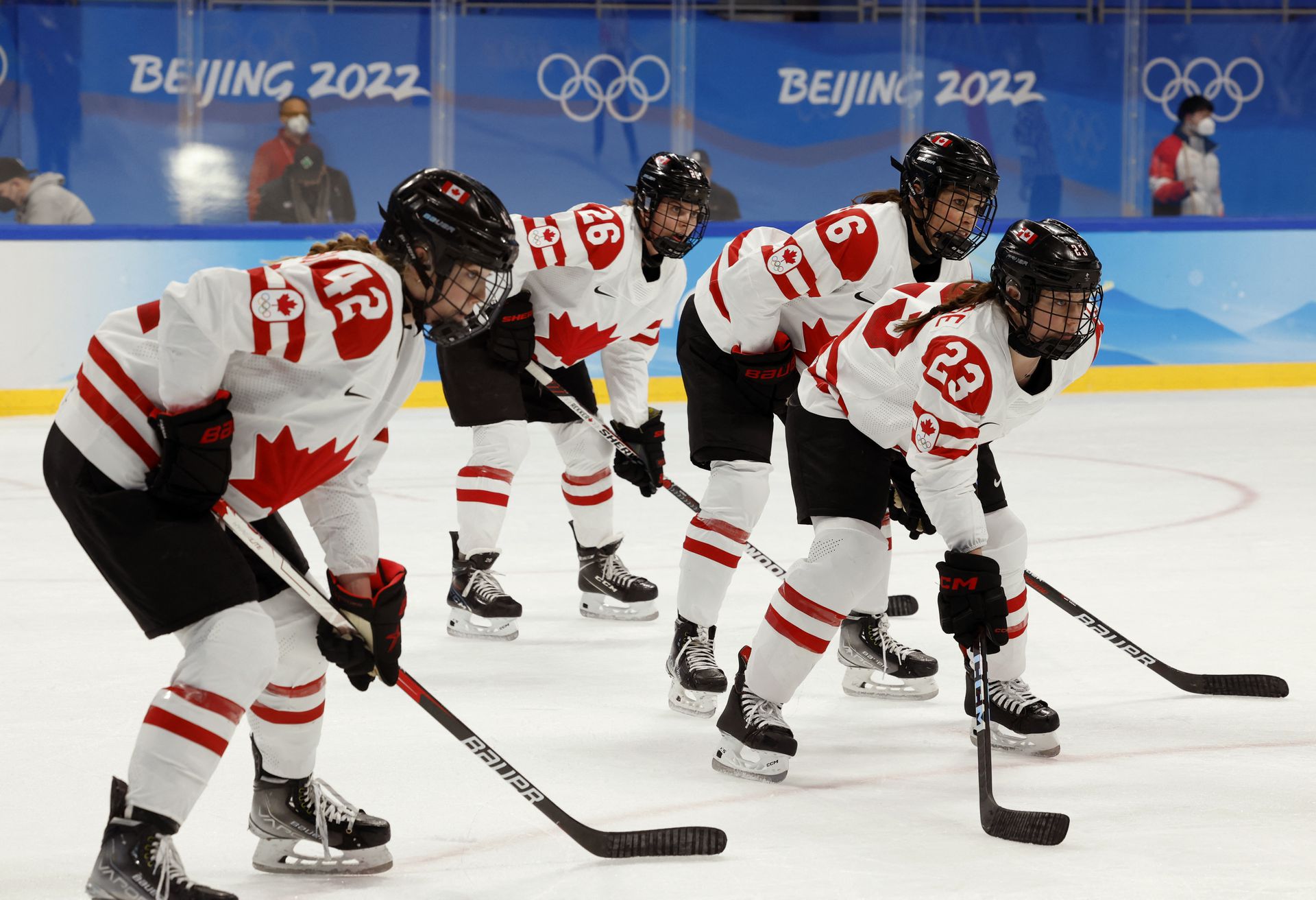 Canada’s Erin Ambrose, Rebecca Johnston, Claire Thompson and Emily Clark are ready for Team USA  at the Wukesong Sports Center, Beijing, China on Feb. 8, 2022.