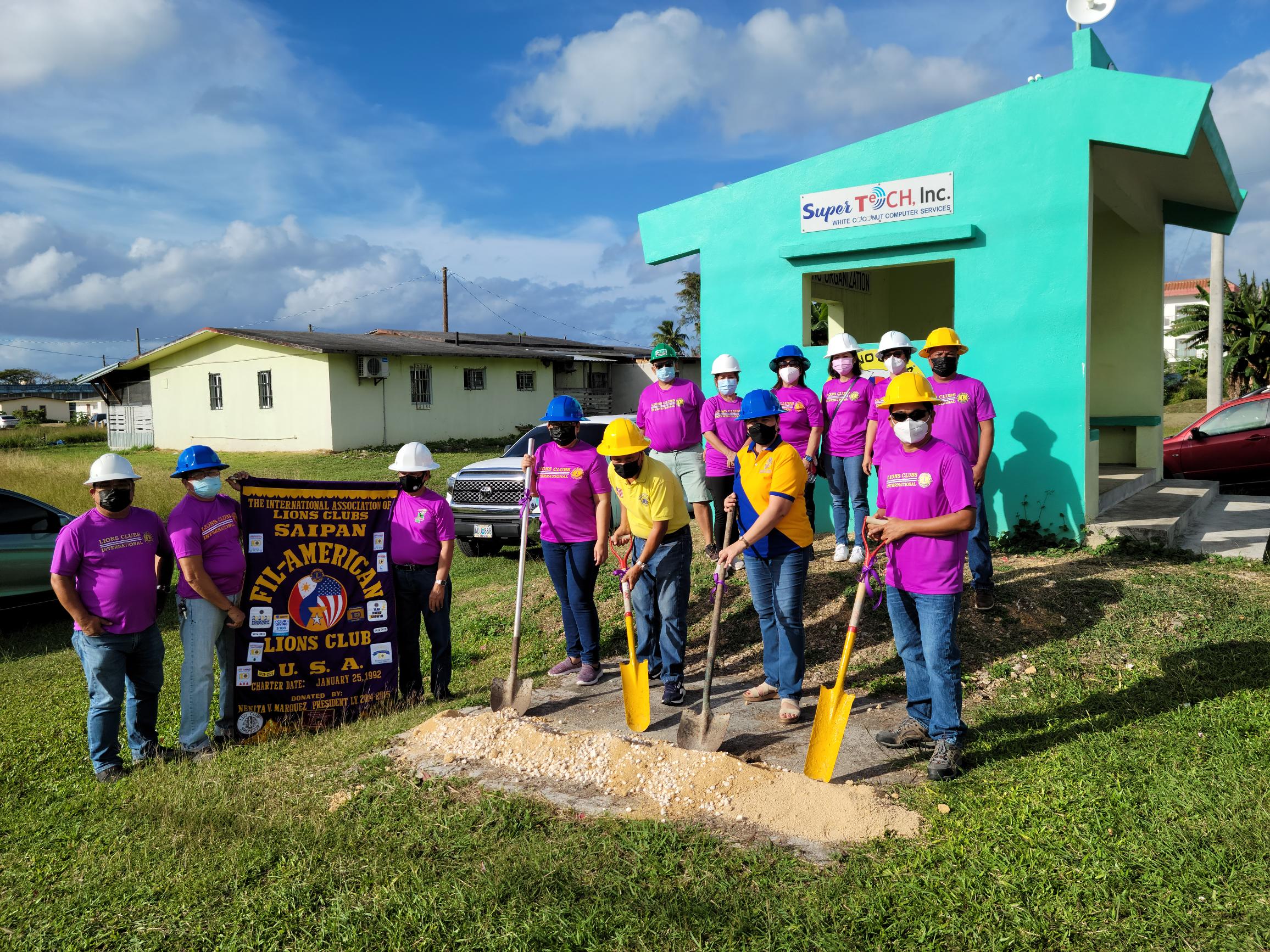 The  Filipino-American Lions Club on Sunday afternoon held a groundbreaking ceremony for its concrete bench project at a school bus stop in Garapan, Middle Road. In photo are Lions Club District 204 Governor Atoy Banting, Region II Chair Eden Mercado, Region II Zone 1 Chair Alice Barbo, Saipan Fil-Am Lions Club President Marcelo “Mar” Masilungan and other Lions.