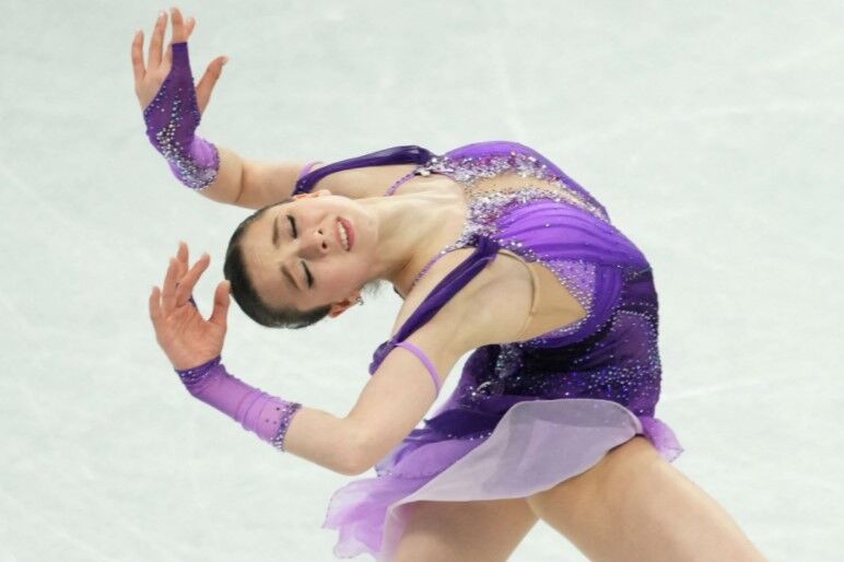 Kamila Valieva of the Russian Olympic Committee in action at the Capital Indoor Stadium, Beijing, China on Feb. 15, 2022.
