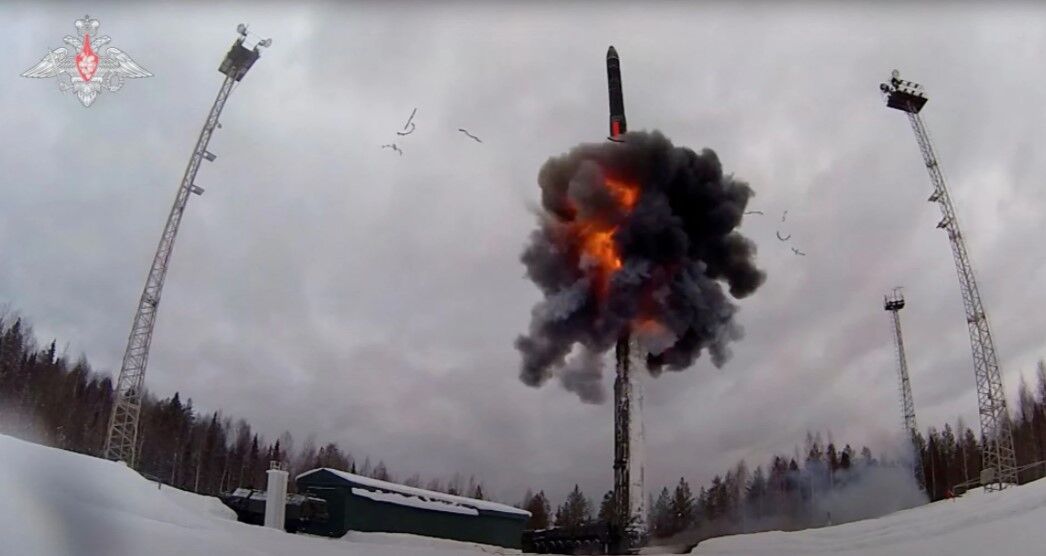 A Russian Yars intercontinental ballistic missile is launched during the exercises by nuclear forces in an unknown location in Russia, in this still image taken from video released Feb.19, 2022.