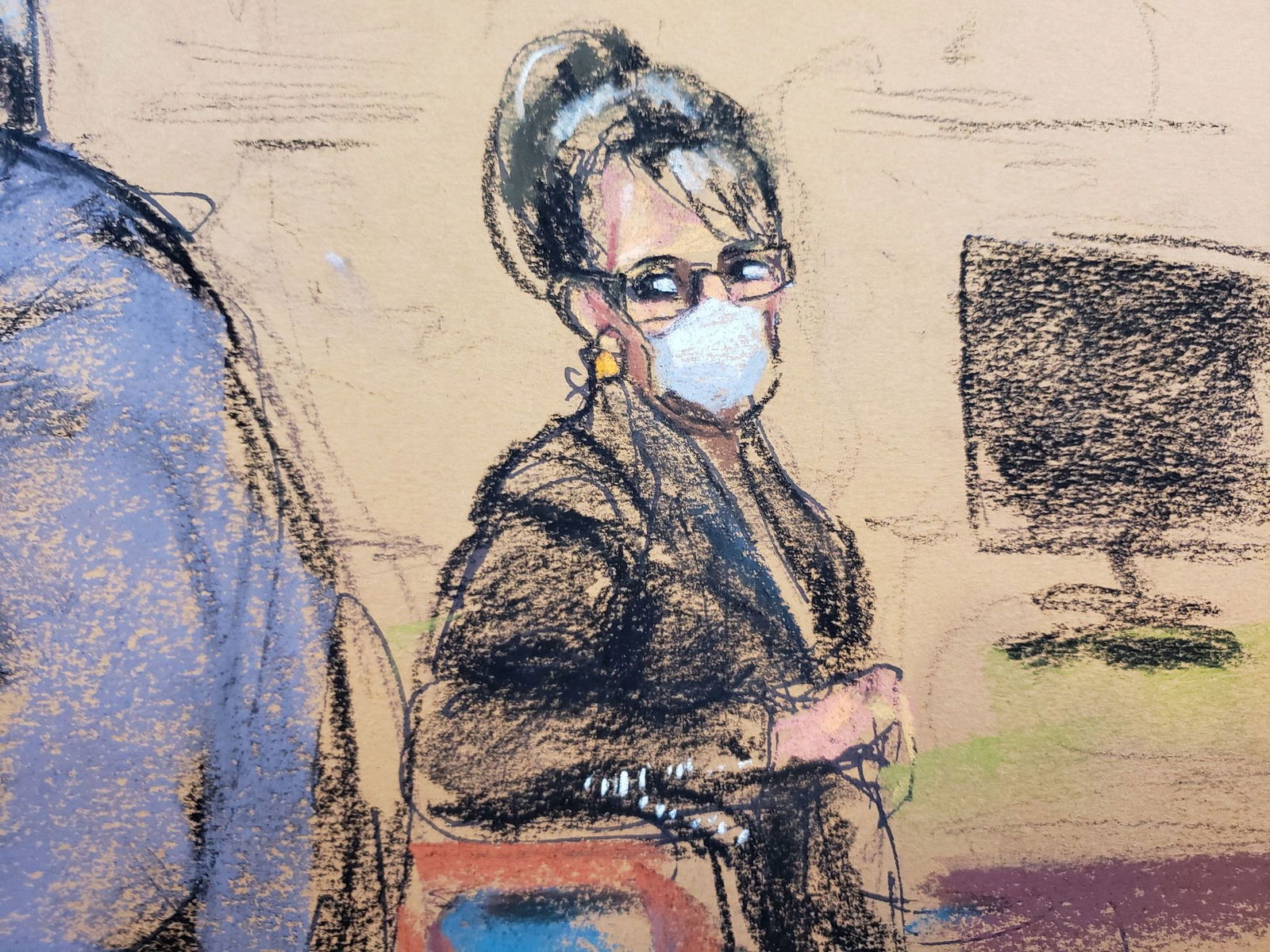 In this courtroom sketch, Sarah Palin, 2008 Republican vice presidential candidate and former Alaska governor, looks on as New York Times' James Bennet is embraced by his attorneys David Axelrod and Jay Brown after Palin lost her defamation lawsuit trial against the New York Times, at the United States Courthouse in the Manhattan borough of New York City, Feb. 14, 2022.